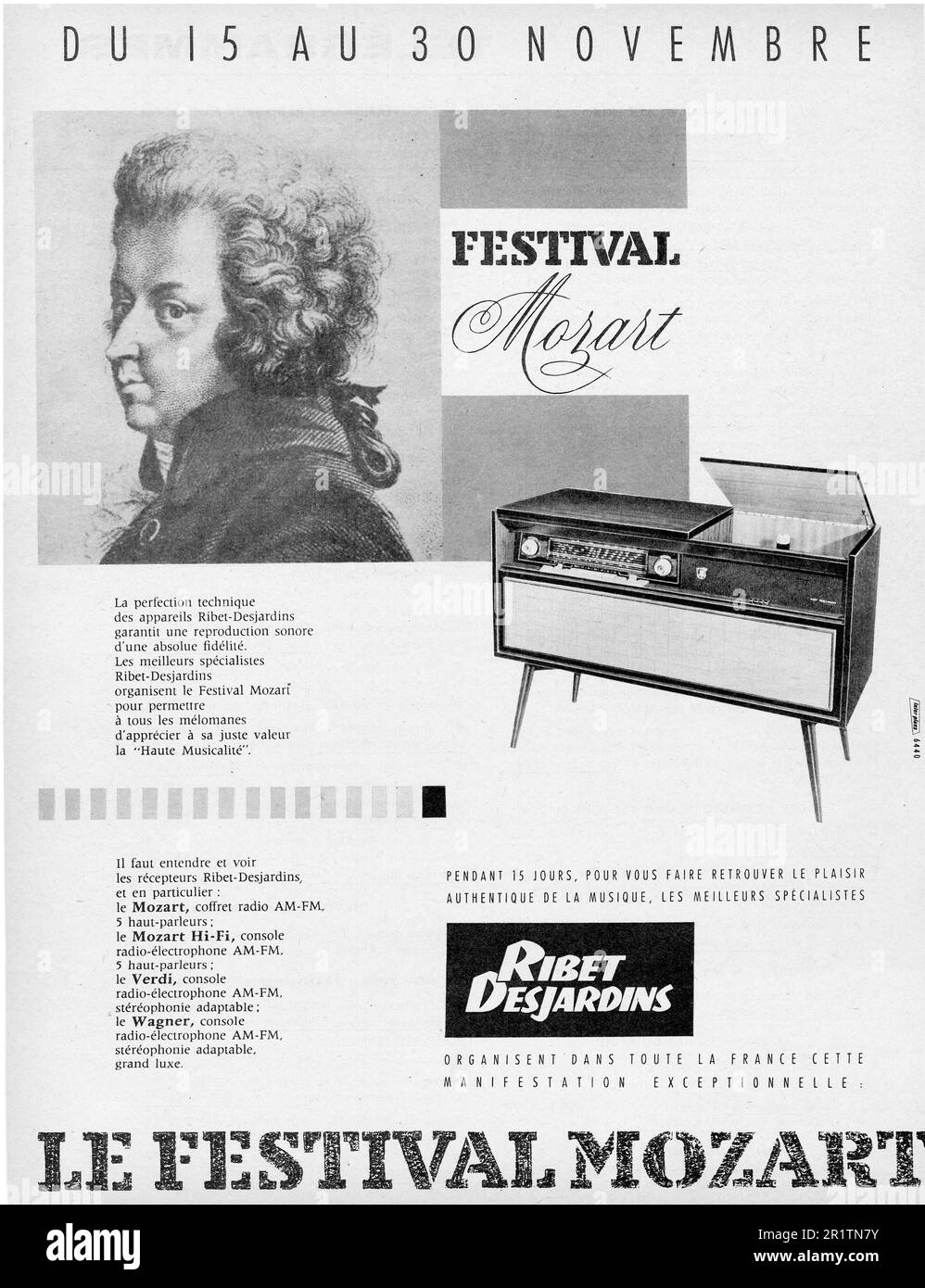 Système audio Ribet Desjardins - Mozart Festival annonce imprimée française, 1959. Radio, électrophone Banque D'Images