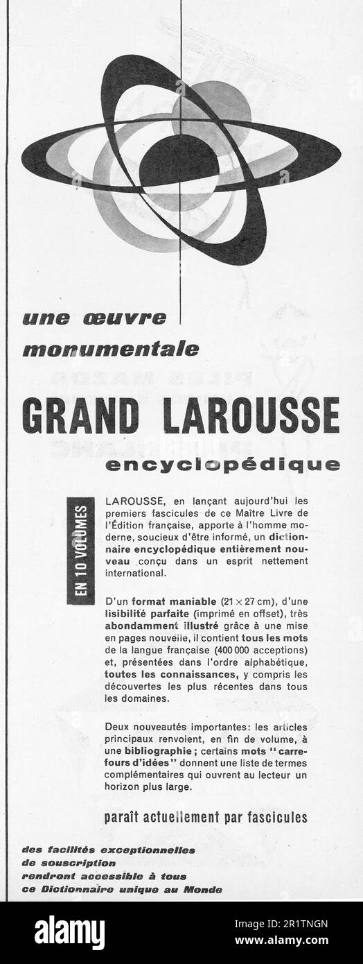 Grand Larousse Dictionnaire encyclopédique annonce imprimée en français, 1959 Banque D'Images