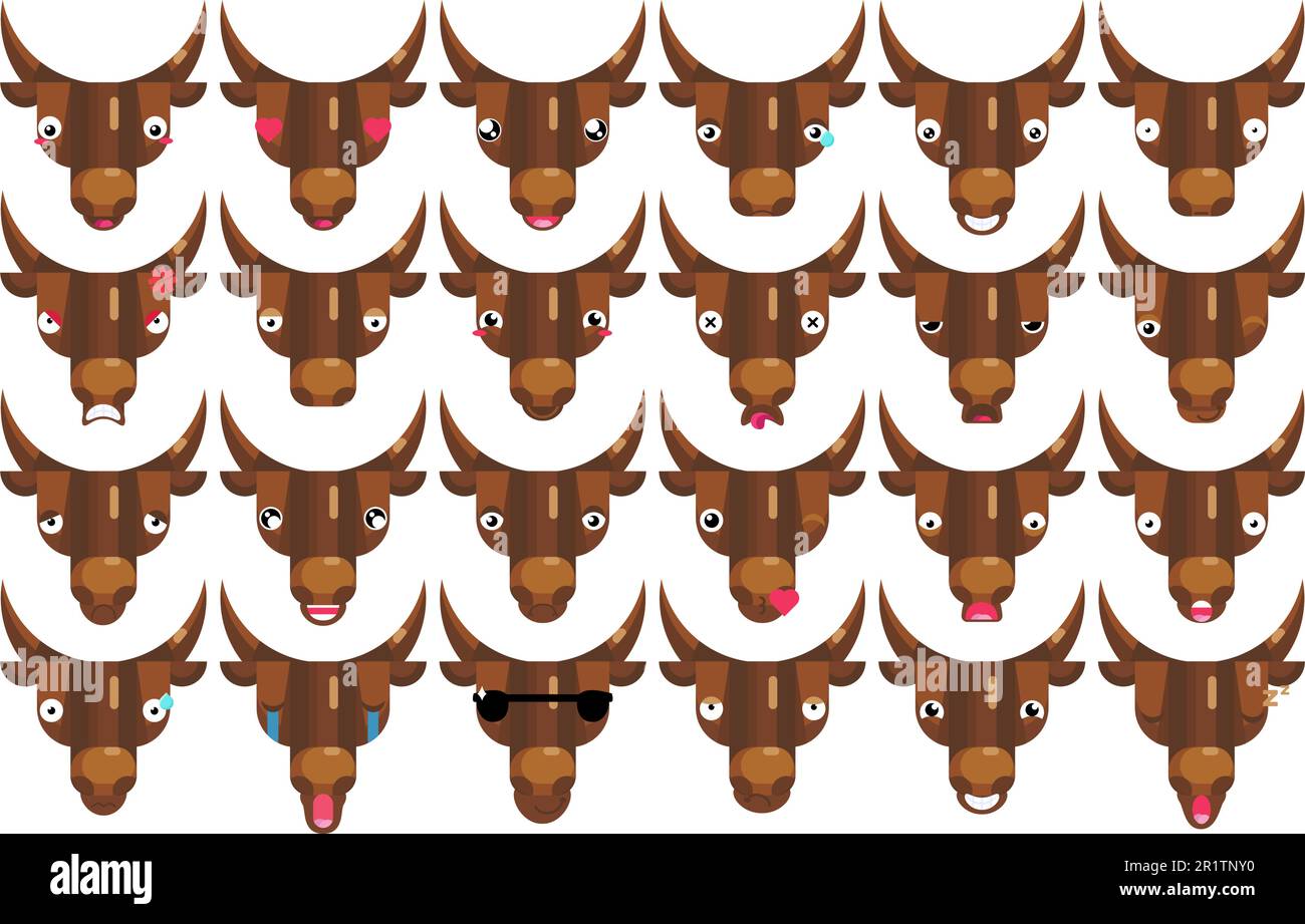 Emoji set, visages de taureau, tête de vaches souriantes signe l'émotion isolée. Mignon animal bande dessinée art, émoticônes éléments pour les médias sociaux. Smiley visages est Illustration de Vecteur