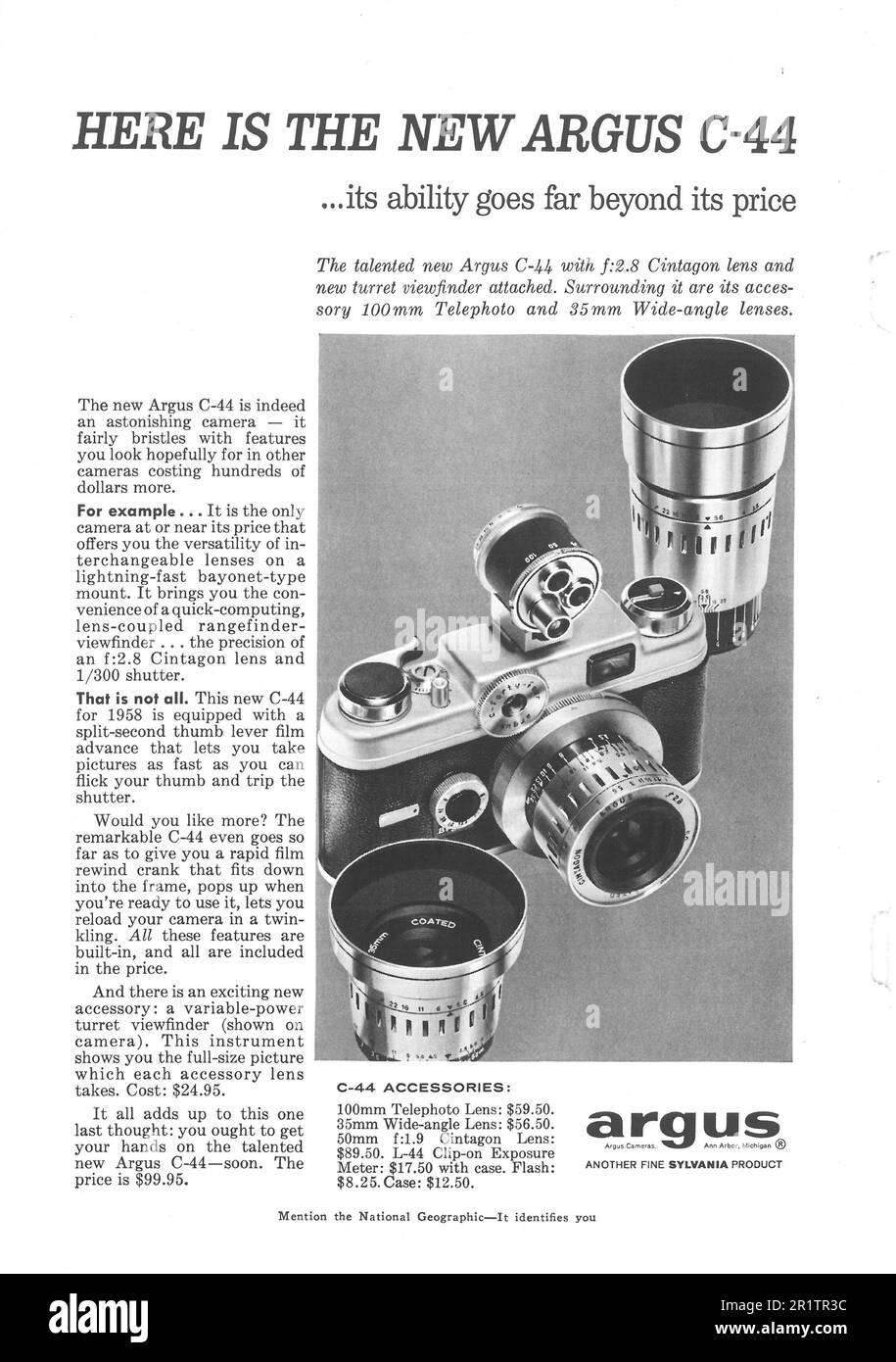 Argus camera - Publicité Sylvania dans un magazine NatGeo, juillet 1958 Banque D'Images