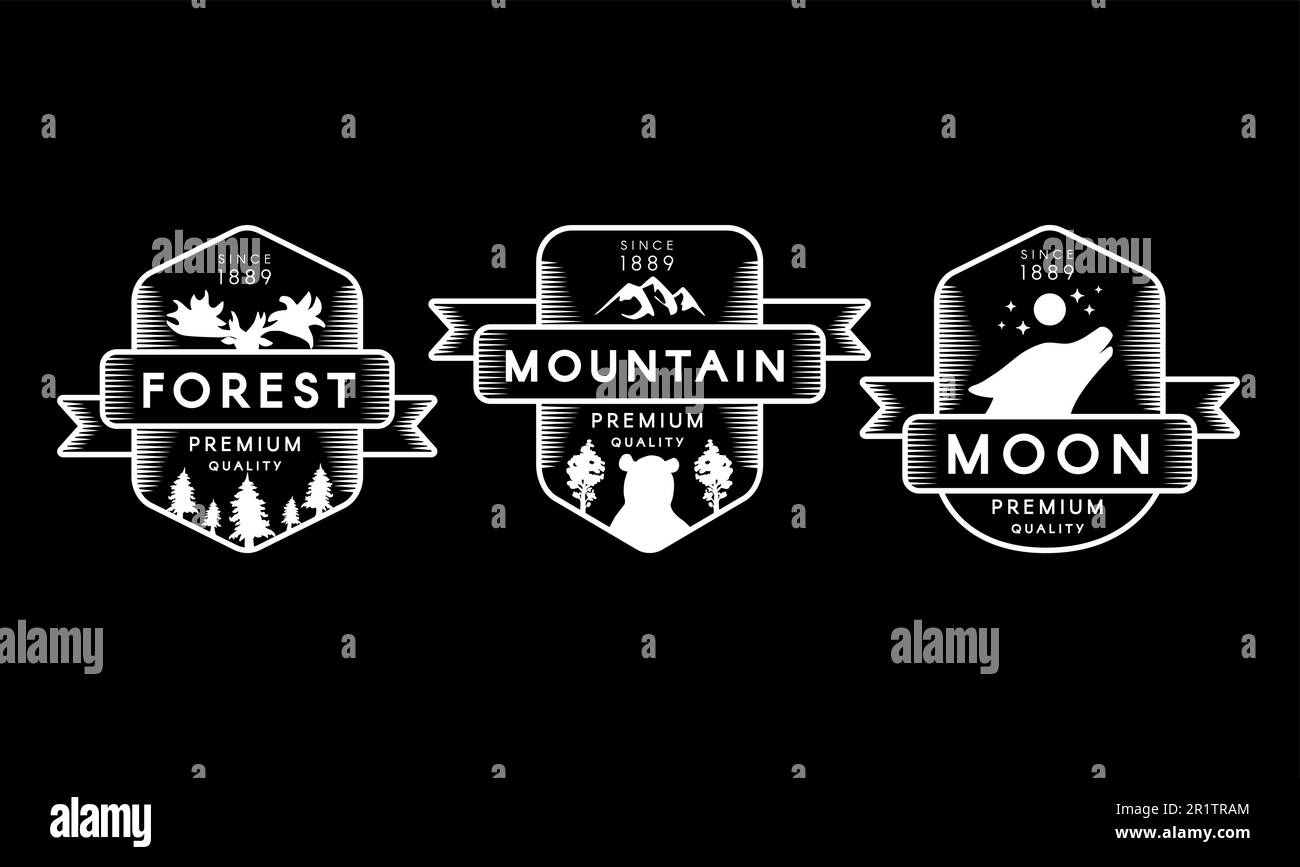 Logo de la collection Forest, Mountain and Moon. Qualité Premium de marque différente sur fond noir. Silhouettes d'animaux Wolf, Bear et Moos sur le logo Illustration de Vecteur