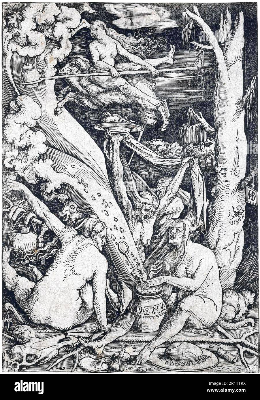 Sorcières, sorcières sabbatiques ou danse du diable, secret, nocturne, rencontre festive de sorcières et sorciers avec le diable à un endroit spécifique, habituellement éloigné, le site de danse des sorcières, après une peinture de Hans Baldung Grien, vers 1630, Historique, reproduction numériquement restaurée d'un original de 18th ou 19th siècle / Hexen, Hexibar oder Teufelstanz, geheimes, nächtliches, festoartiges Treffen von Hexen und Hexer mit dem Teufel an einem bestimten, meist abgelegenen Ort, dem Hexentanzplatz, nach einem Gemälde von Hans Baldung Griieren, ca 1630, recurte, recurinto Banque D'Images