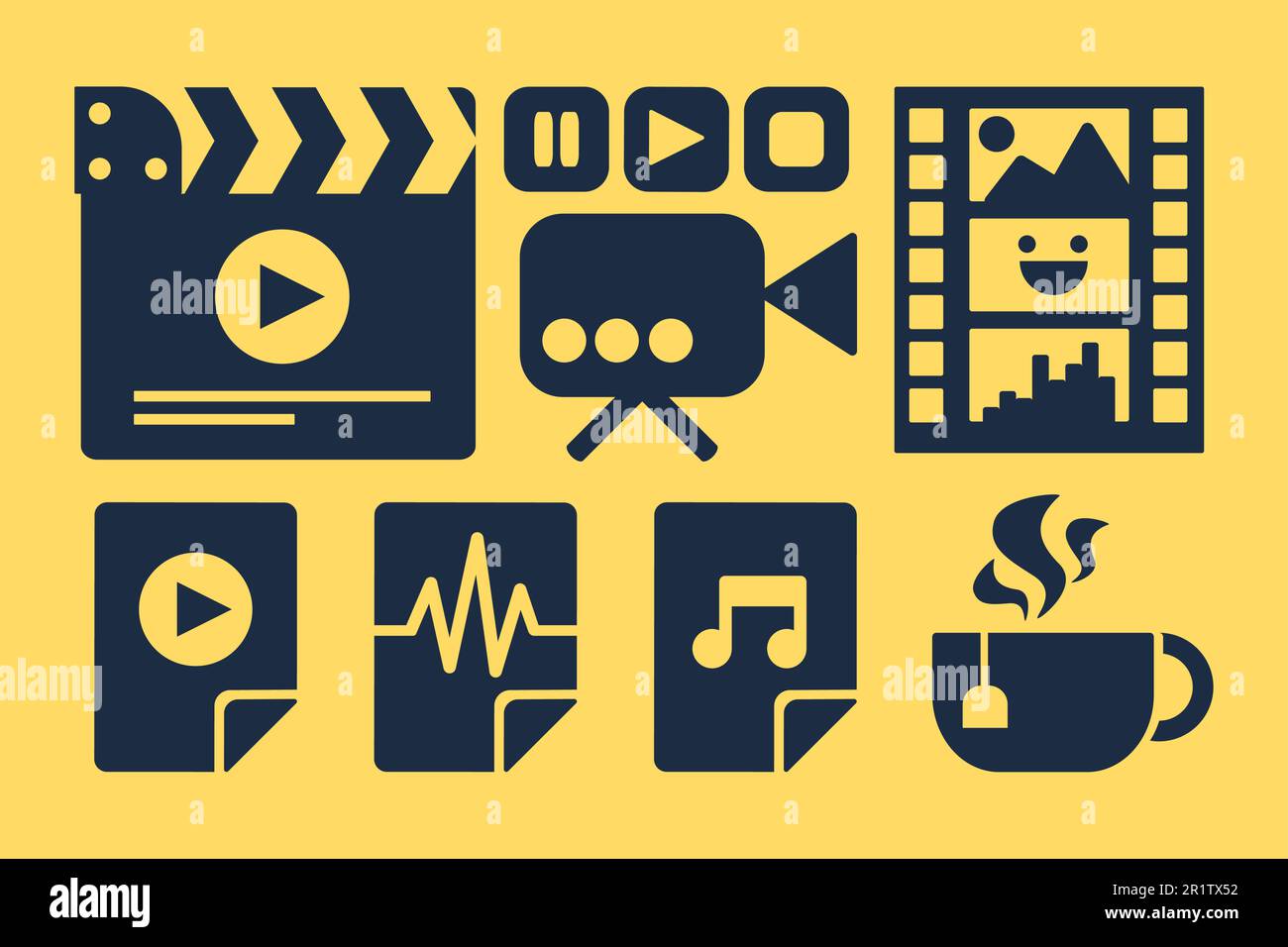 Ensemble d'autocollants noir et jaune pour le cinéma. Multimédia loisirs, maison accessoires de loisirs Illustration de Vecteur