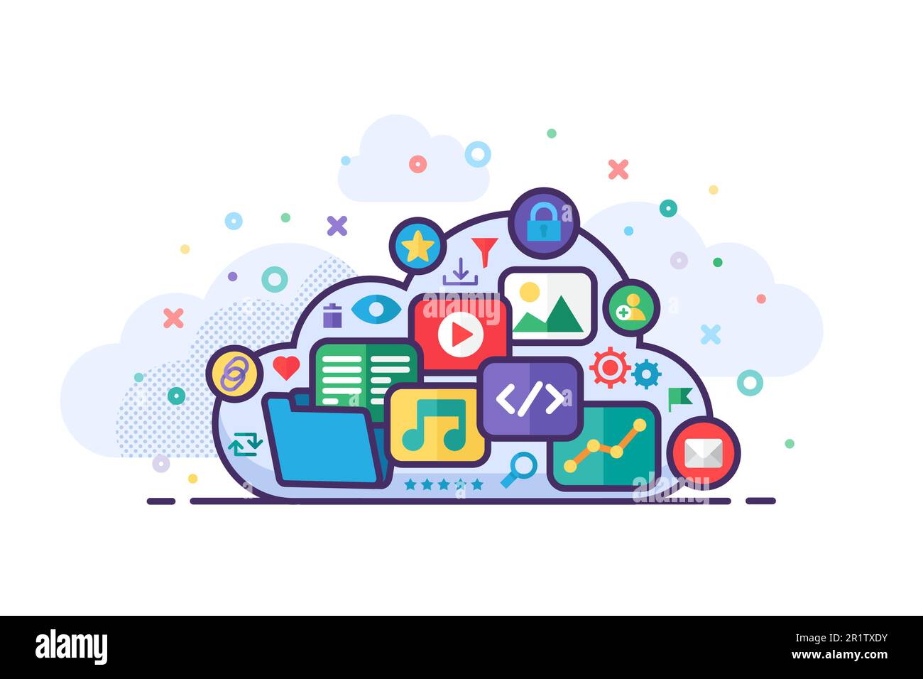 Scénario de stockage Cloud vectoriel Illustration avec le Cloud avec des symboles tels que des graphiques, des documents, de la musique ou de l'audio, de la vidéo ou du cinéma, des images ou des photos, entrée de code Illustration de Vecteur