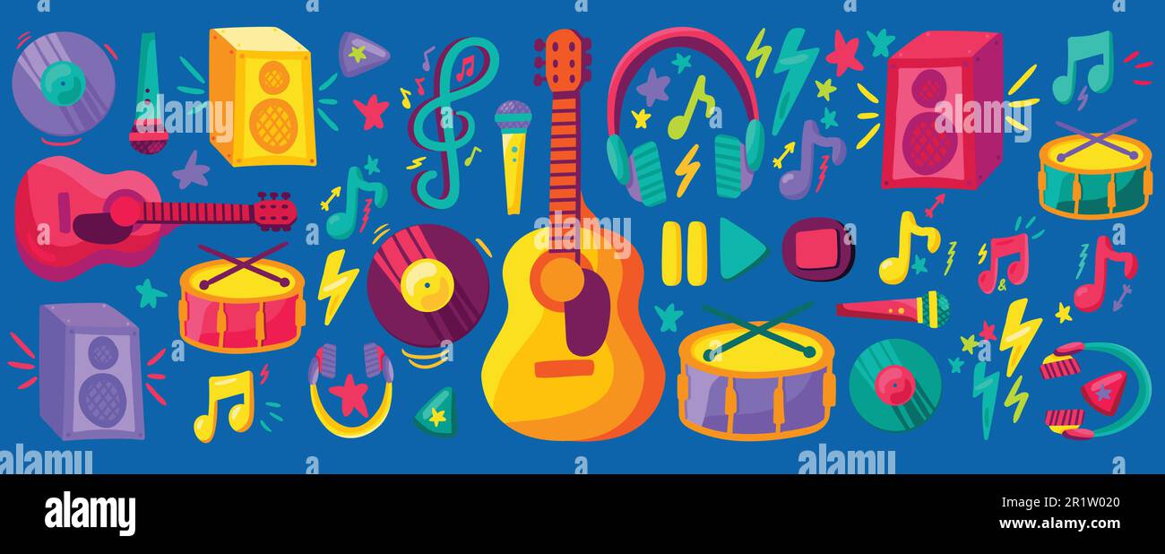Ensemble d'autocollants plats pour festival de musique. Guitare, batterie, collection de disques dessinés à la main. Patchs de dessin animé Illustration de Vecteur