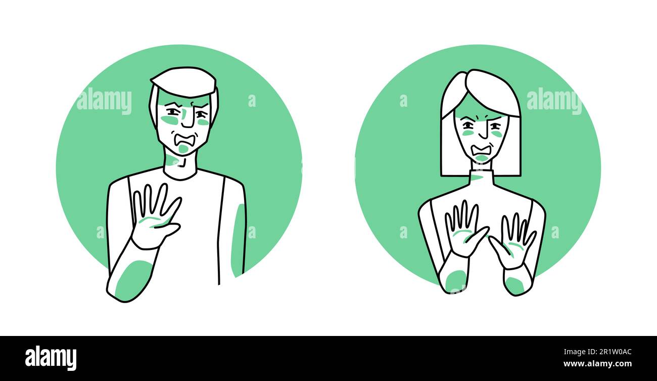 Homme et femme avec émotion des icônes de cercle dégoût, expression faciale avec les mains. Les gens dégoûtés exprimant leur sentiment de révulsion négatif avec ge Illustration de Vecteur