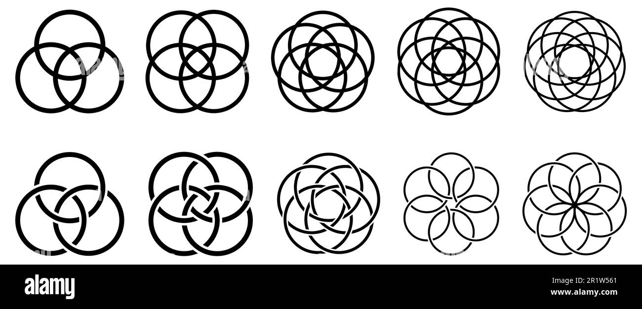 Dessin vectoriel de cercles simples se chevauchant, version avec trois à sept objets, également style de cercles entrelacés Illustration de Vecteur