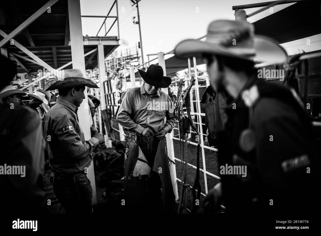 Cowboys, pendant le circuit de rodéo à l'Expo Ganadera de Sonora, sur 13 mai 2023 à Hermosillo, Mexique. Sport de cowboy, équitation et taureau, circuit fort à Chihuahua, suivi de Sonora et Baja California Mex. Et les États américains voisins. Rodeo est un sport extrême américain traditionnel influencé par l'histoire des cow-boys espagnols et des charros mexicains. careback à cheval, poneys sauvages, bovins sauvages, bœufs, taureaux, lancer le lasso, la corrida. (© photo par Luis Gutiérrez /Norte photo) Vaqueros, durante el circuito de rodéo en la Expo Ganadera de Sonora, el 13 mayo de 2023 en Hermosillo, Banque D'Images