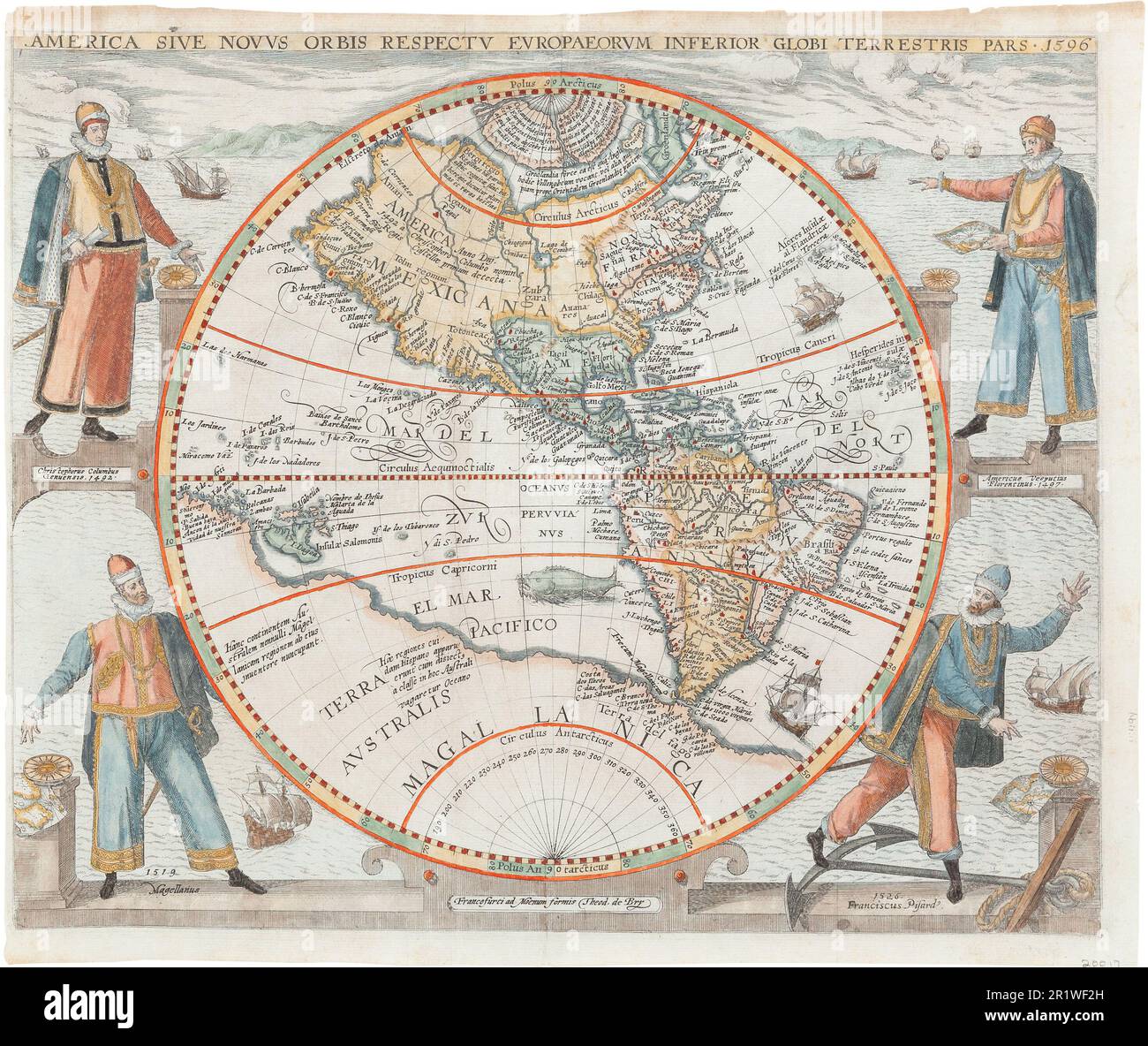 Titre: Amérique novus orbis respect europaeorum inférieur globi terrestris pars. Créateur: Theodore de Bry Date: 1596 Dimensions: 34,5 x 41,3 cm Moyen: Gravure lieu: Banque D'Images