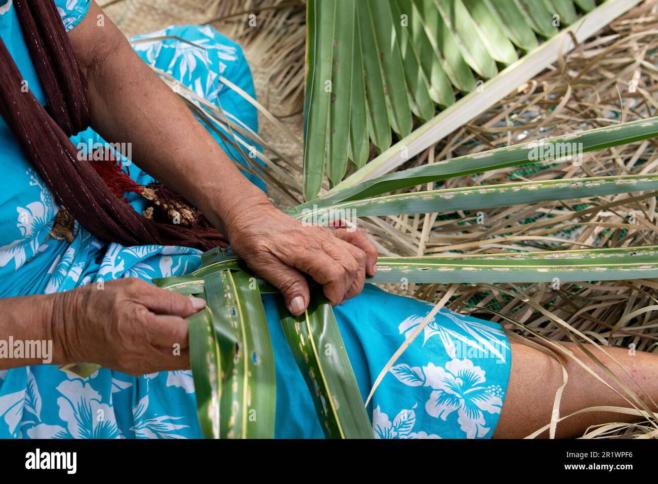 Royaume des Tonga. Ville de Neiafu. Femme locale qui tissage des feuilles de palmier. Banque D'Images
