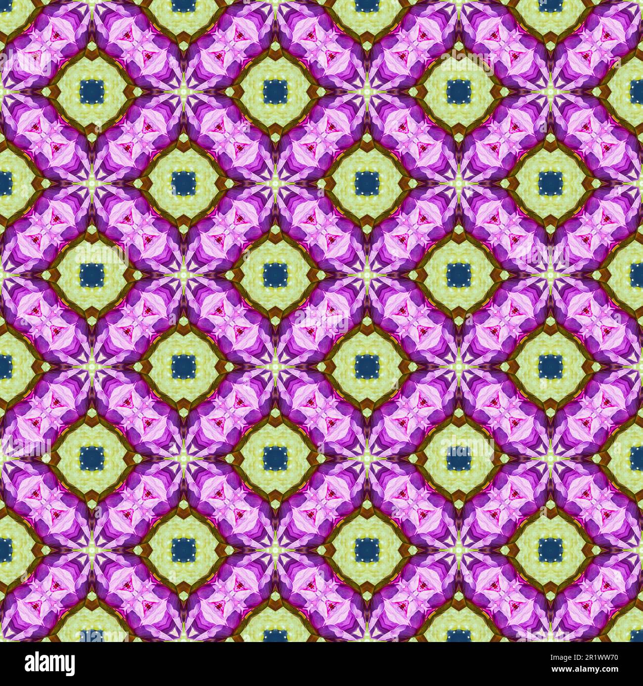 Motif sans couture, répétition de motifs géométriques et organiques avec éléments printaniers de l'été, fond abstrait rose violet vert. Banque D'Images
