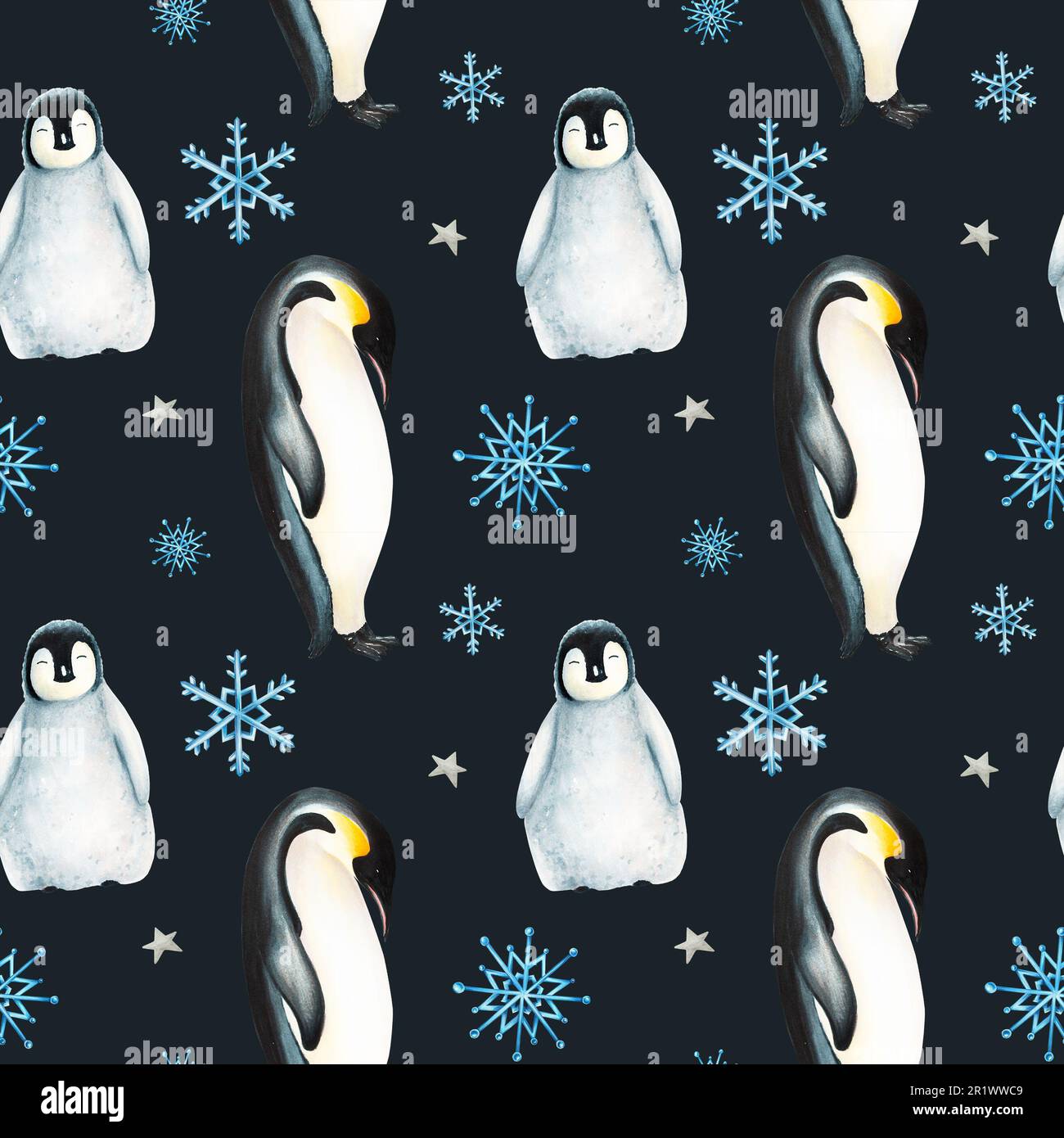 Aquarelle hiver motif sans couture d'un pingouin roi sous des flocons de neige isolés. Peinture à la main réaliste océan Arctique et Antarctique mamma Banque D'Images