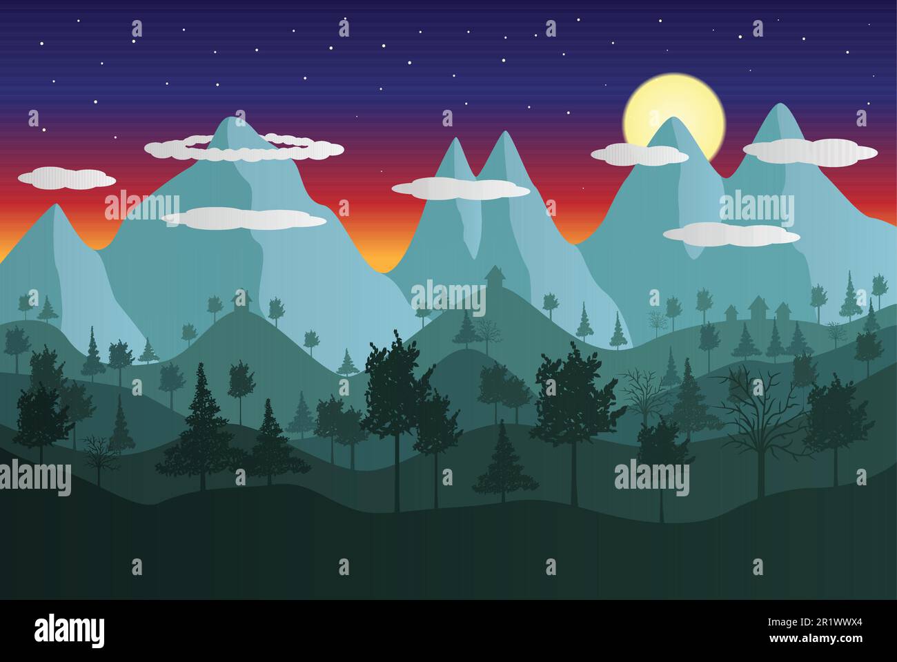Paysage de montagne la nuit en illustration vectorielle. Arbres et sommets de montagne avec des nuages, ciel étoilé et lune en arrière-plan. Illustration de Vecteur