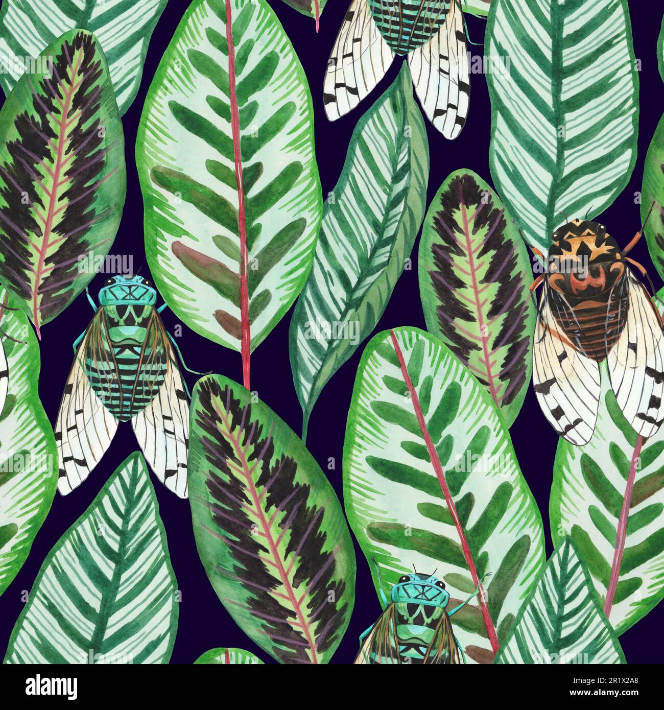 Motif aquarelle sans couture avec feuilles tropicales exotiques et insectes cicada colorés. Illustration dessinée à la main Banque D'Images