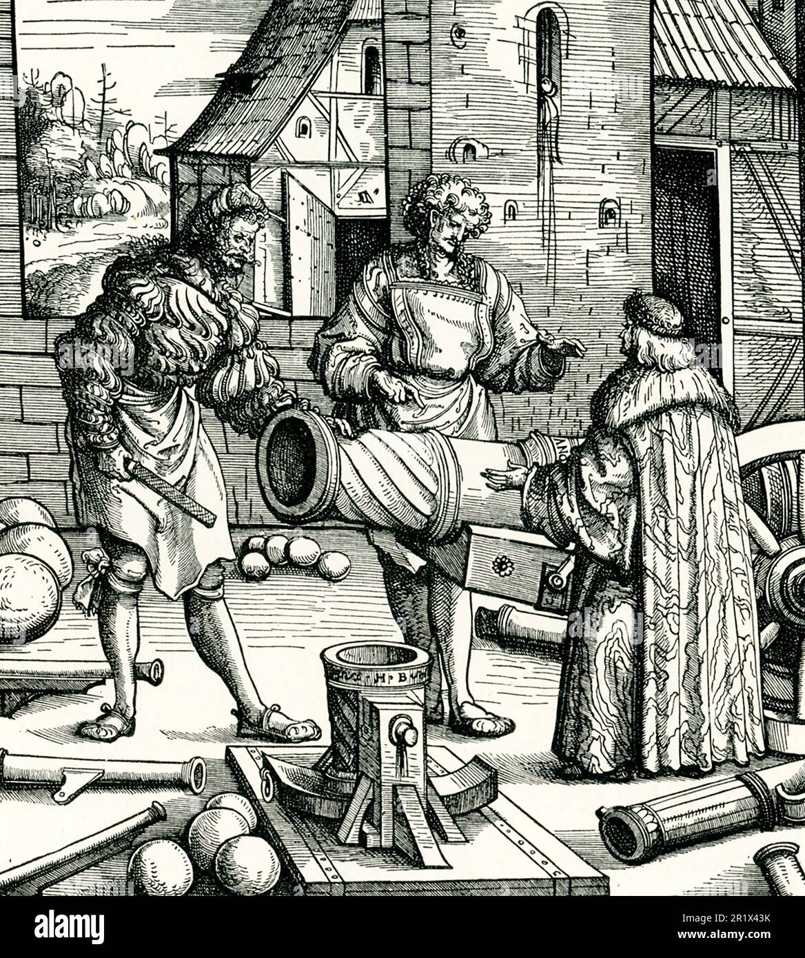 La légende de 1906 se lit comme suit : « Bullet Casting in the Middle Ages. La coupe de bois provient du 'Roi blanc Maximilien' de Hans Burgkmair.' Le der Weisskunig, qui n'a jamais été achevé, est un ouvrage de prose écrit en allemand par le secrétaire de Maximilian, Marx Treitzsauerwein, bien que des sections lui aient été dictées par Maximilian I (1486-1519) lui-même. Hans Burgkmair l'aîné (1473–1531) est un peintre allemand et un graveur de bois Banque D'Images