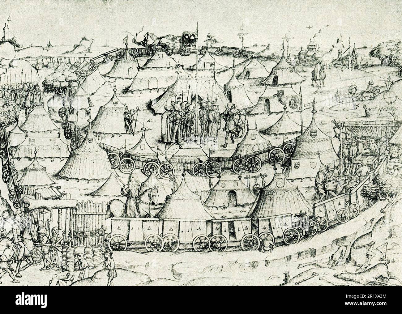 Un wagon-fort au Moyen-âge, un dessin de plume tiré du par les princes de Waldburg-Wolfegg (Allemagne). » Waldburg-Wolfegg était un comté dirigé par la Maison de Wadlburg, située dans le sud-est du Bade-Wurtemberg, en Allemagne. Banque D'Images