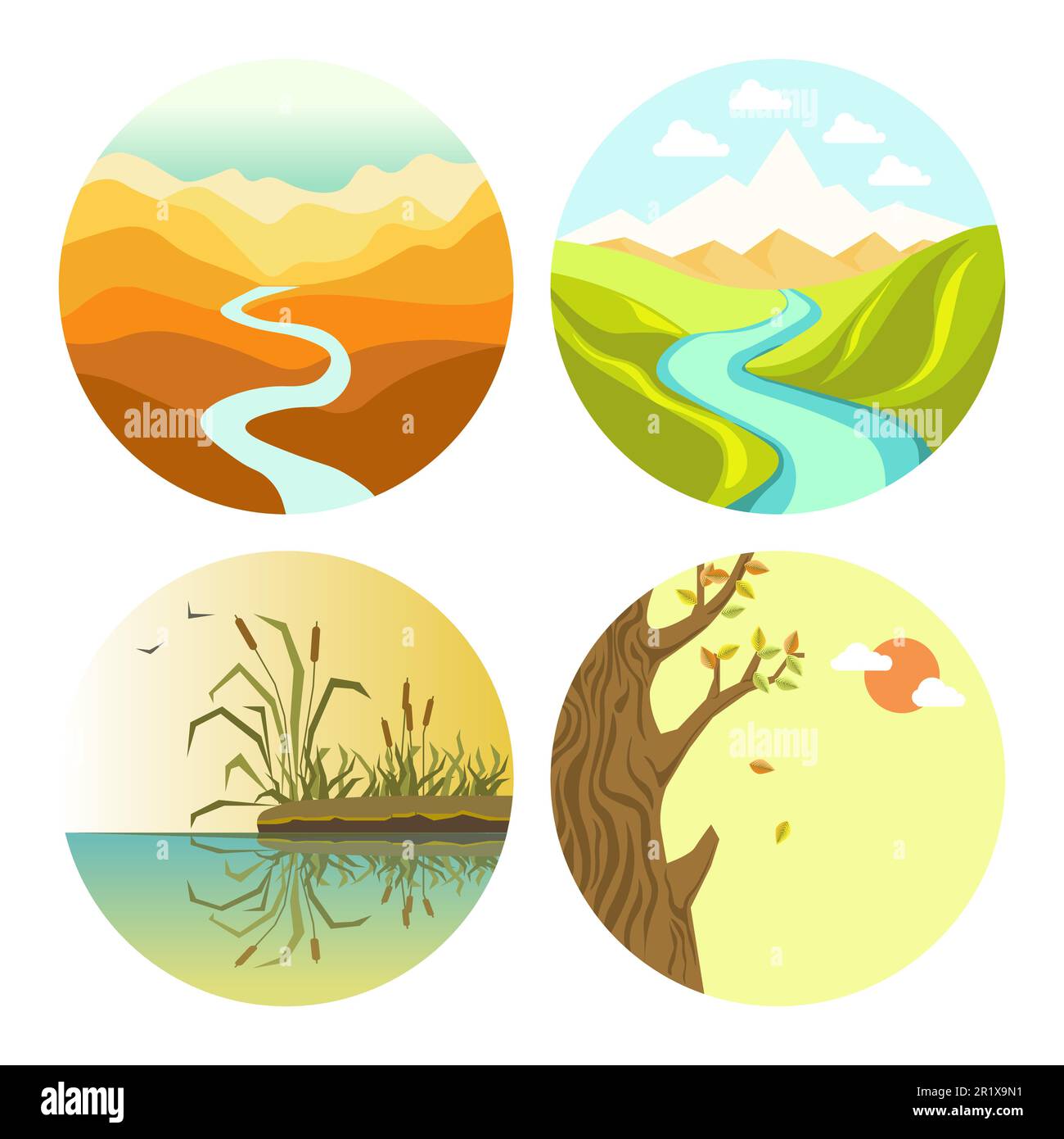 Paysages d'automne et de printemps ou d'été et icônes de la nature isolées Illustration de Vecteur