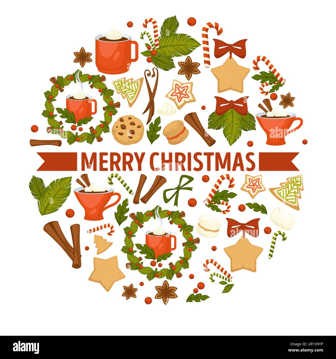 Biscuits de Noël et cacao avec guimauve, brownies et thé Illustration de Vecteur