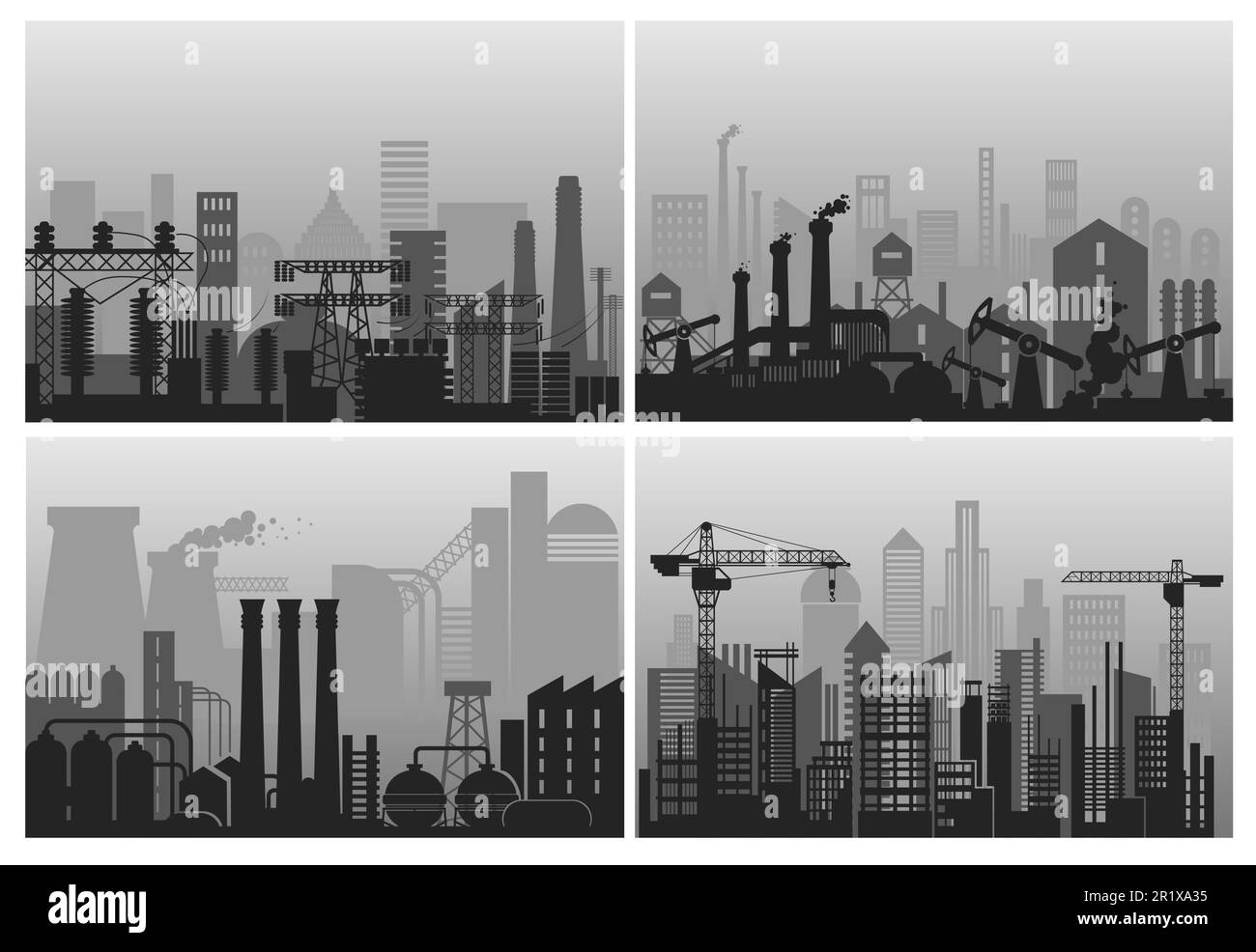 Usines et usines, paysages industriels, grues de construction silhouettes Illustration de Vecteur