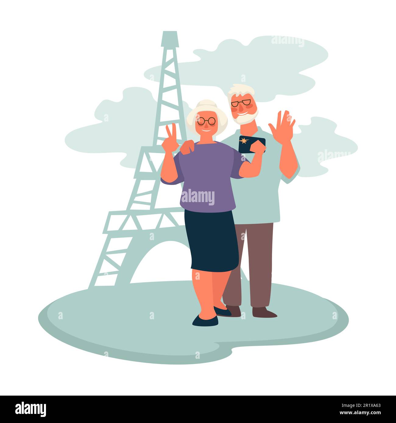 Couple de personnes âgées voyageant à Paris, grands-parents prenant le selfie avec la tour Eiffel Illustration de Vecteur