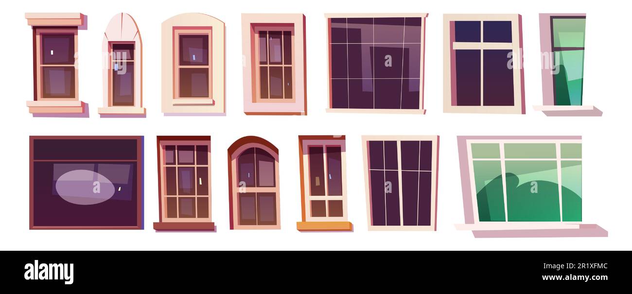 Cadre de fenêtre en verre de maison vectorielle, dessin animé isolé sur fond blanc. Collection d'éléments d'illustration extérieurs de bâtiment vintage. Belle architecture avec profil clipart rétro et moderne Illustration de Vecteur