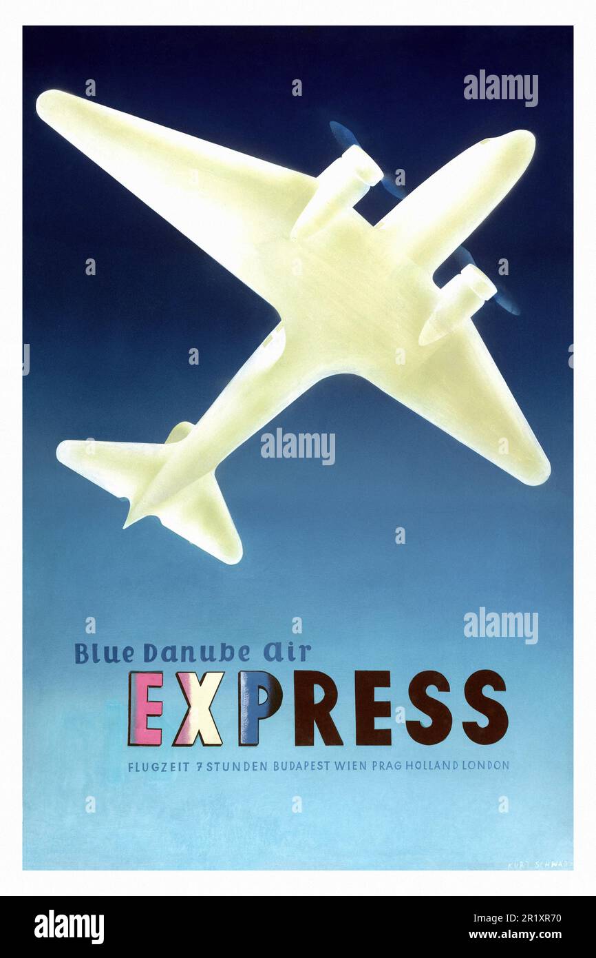 Blue Danube Air Express. Flugzeit 7 Stunden Budapest Wien Prag Amsterdam London par Kurt Schwarz (dates inconnues). Affiche publiée en 1936 en Autriche. Banque D'Images