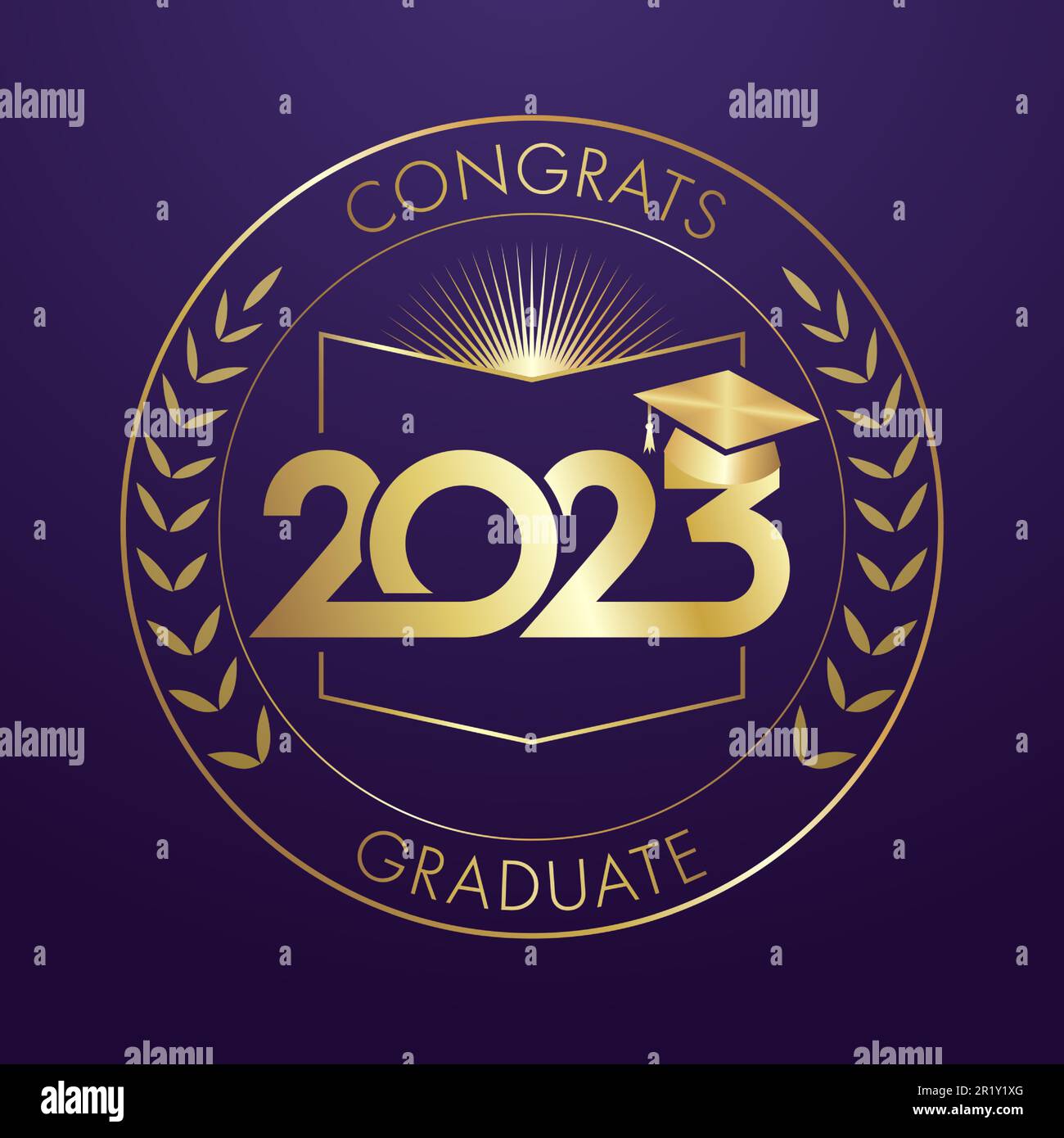 Conception des prix éducatifs avec inscription de félicitations pour 2023 diplômés et logo de numéro créatif. Or brillant. Branches de palmier rondes, livre ouvert et Illustration de Vecteur