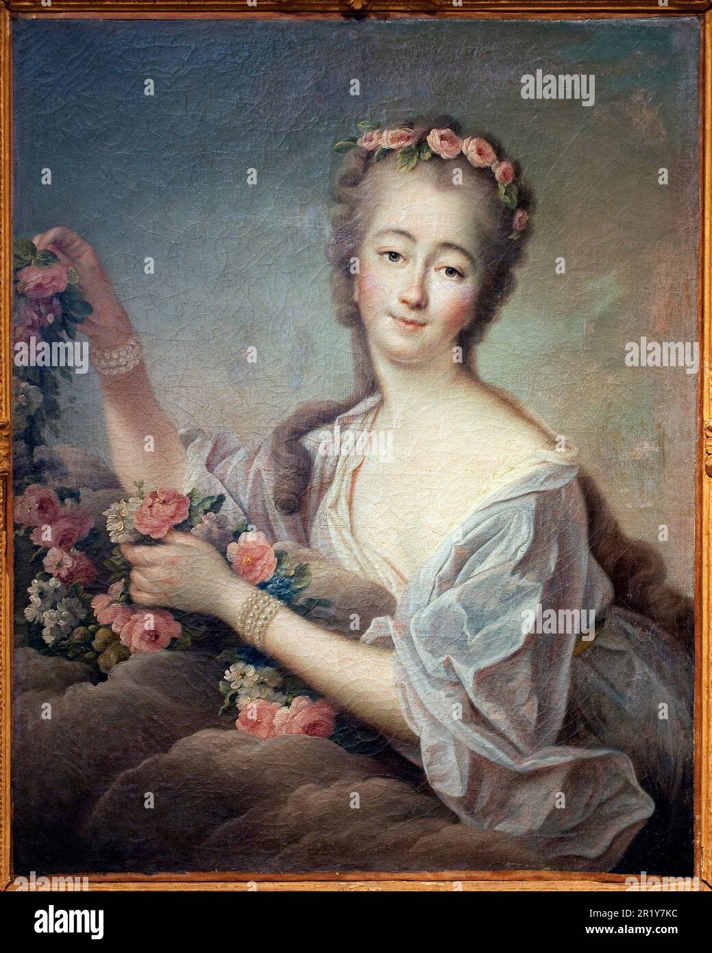 Portrait de Madame du Barry en flore (Jeanne BeCu, comtesse (ou madame) du Barry (1743-1793) - peinture de François Hubert Drouais (1727-1775), aile sur toile, 1774 - Art francais 18e siecle - Musée des Beaux Arts d'Agen Banque D'Images