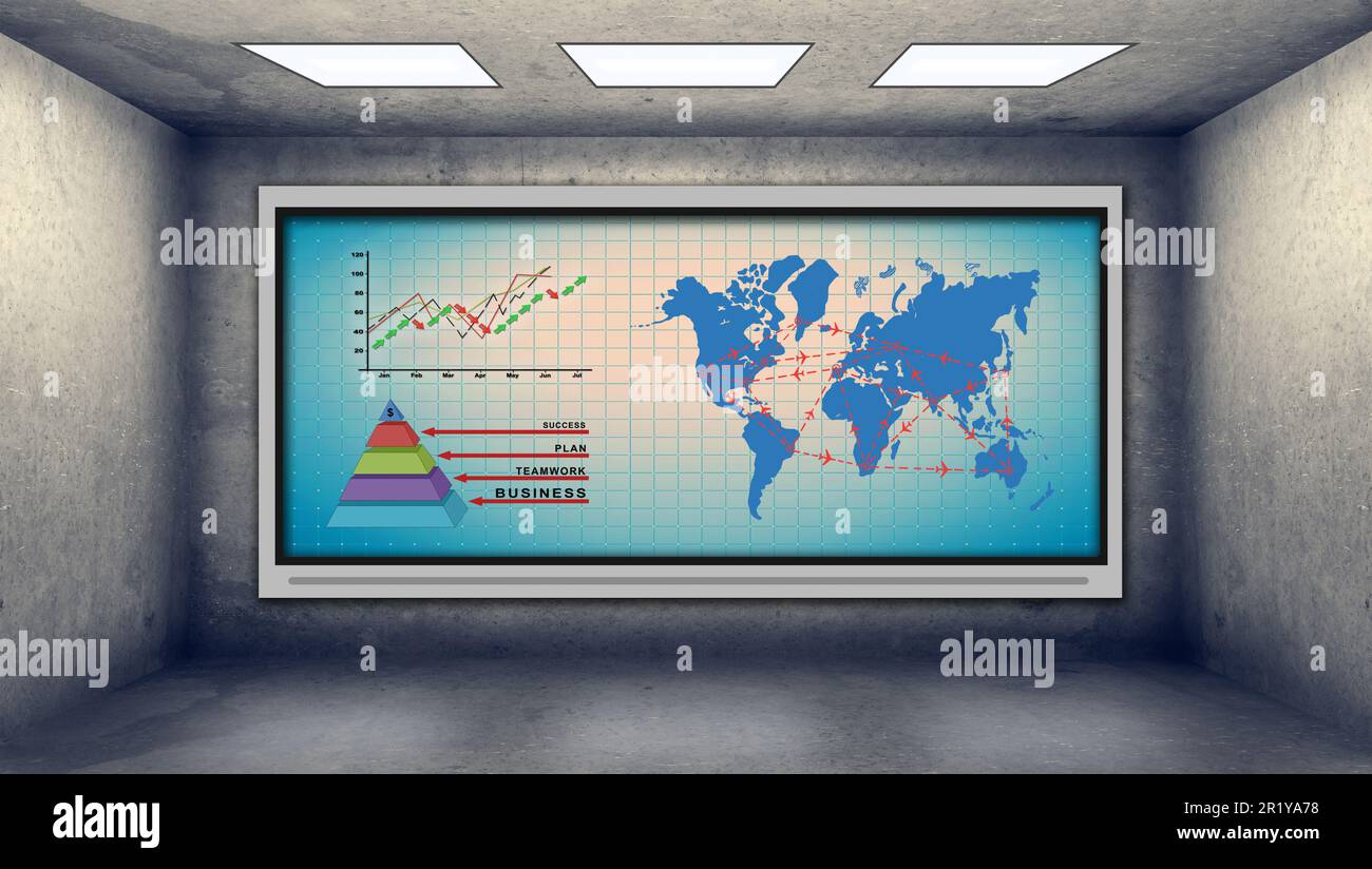 téléviseur à écran plasma au mur avec tableau des stocks et plan de voyage aérien Banque D'Images