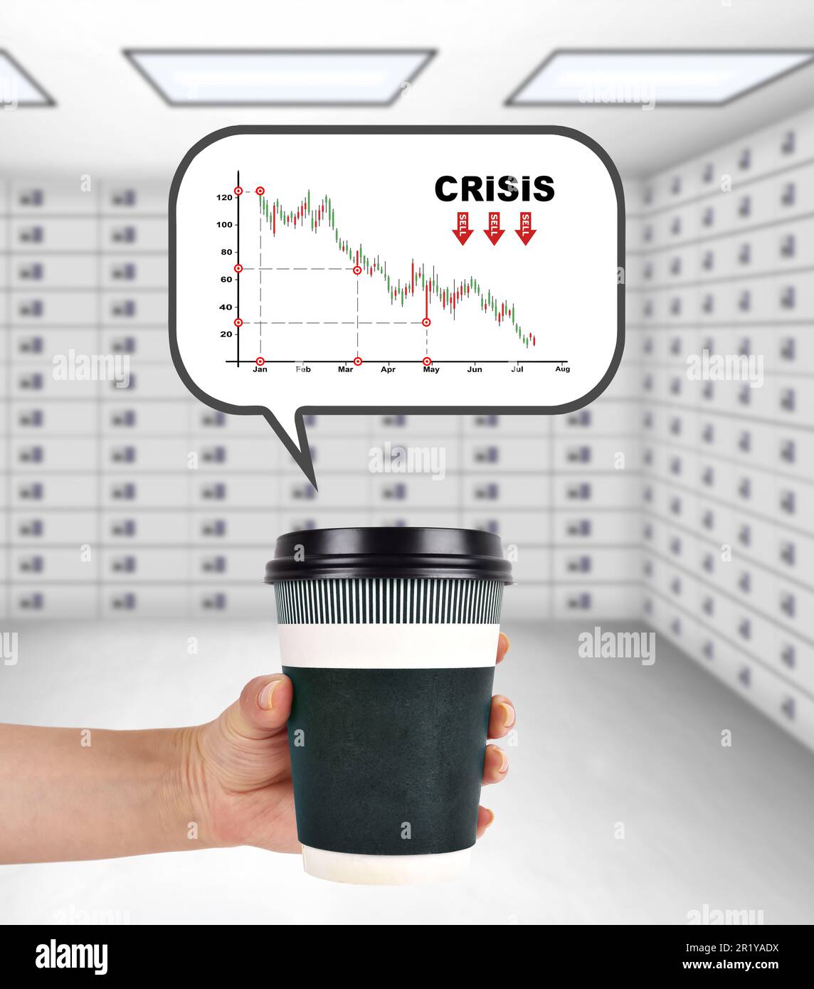 tasse à café jetable à main avec tableau des stocks de crise Banque D'Images