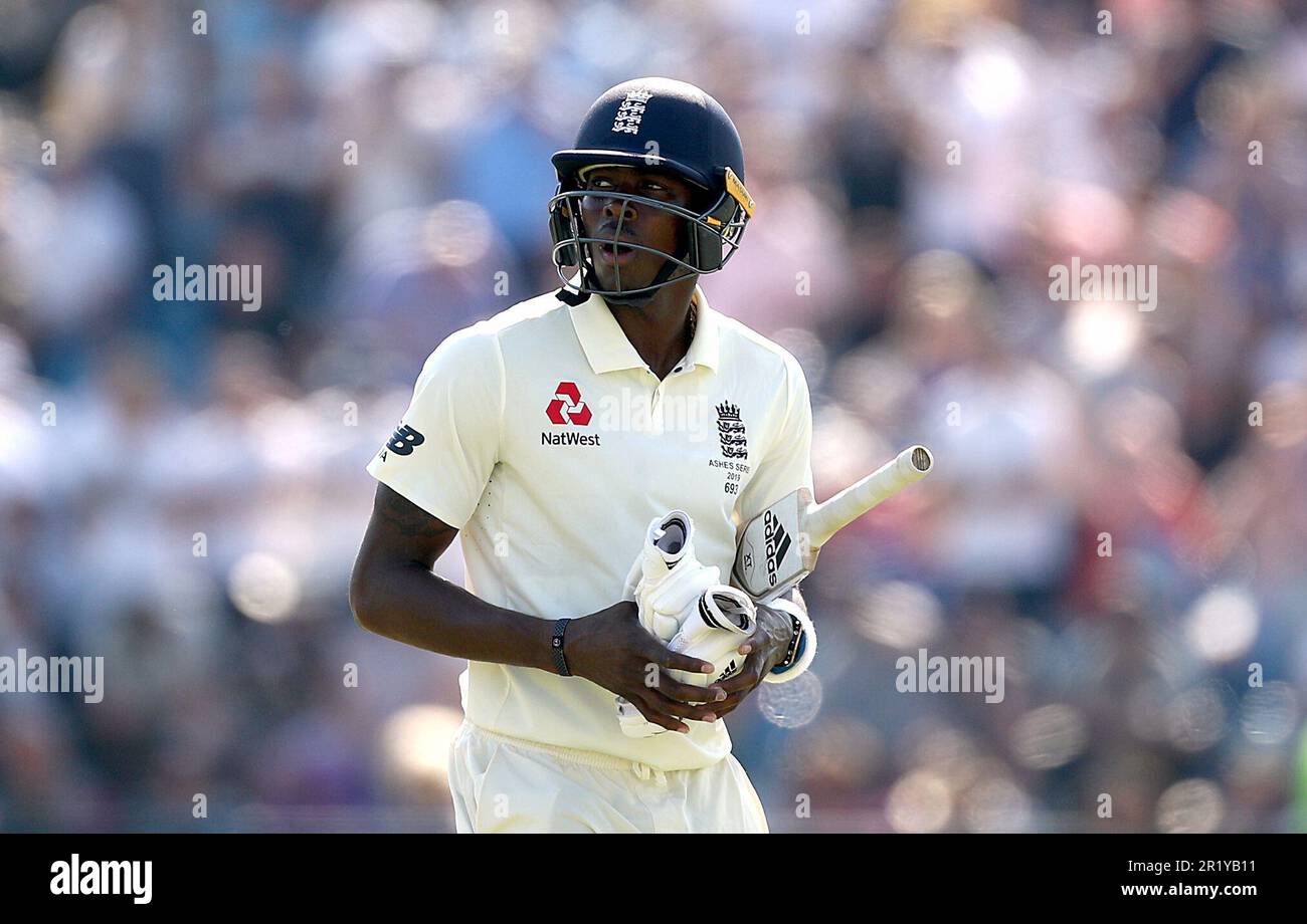 Photo du dossier datée du 25-08-2019 de Jofra Archer, dont le cauchemar de blessures a pris un autre tour pour le pire après qu'il a été exclu pour l'ensemble de l'été des cendres de l'Angleterre avec une nouvelle fracture de stress dans son coude droit gênant. Date de publication : mardi 16 mai 2023. Banque D'Images