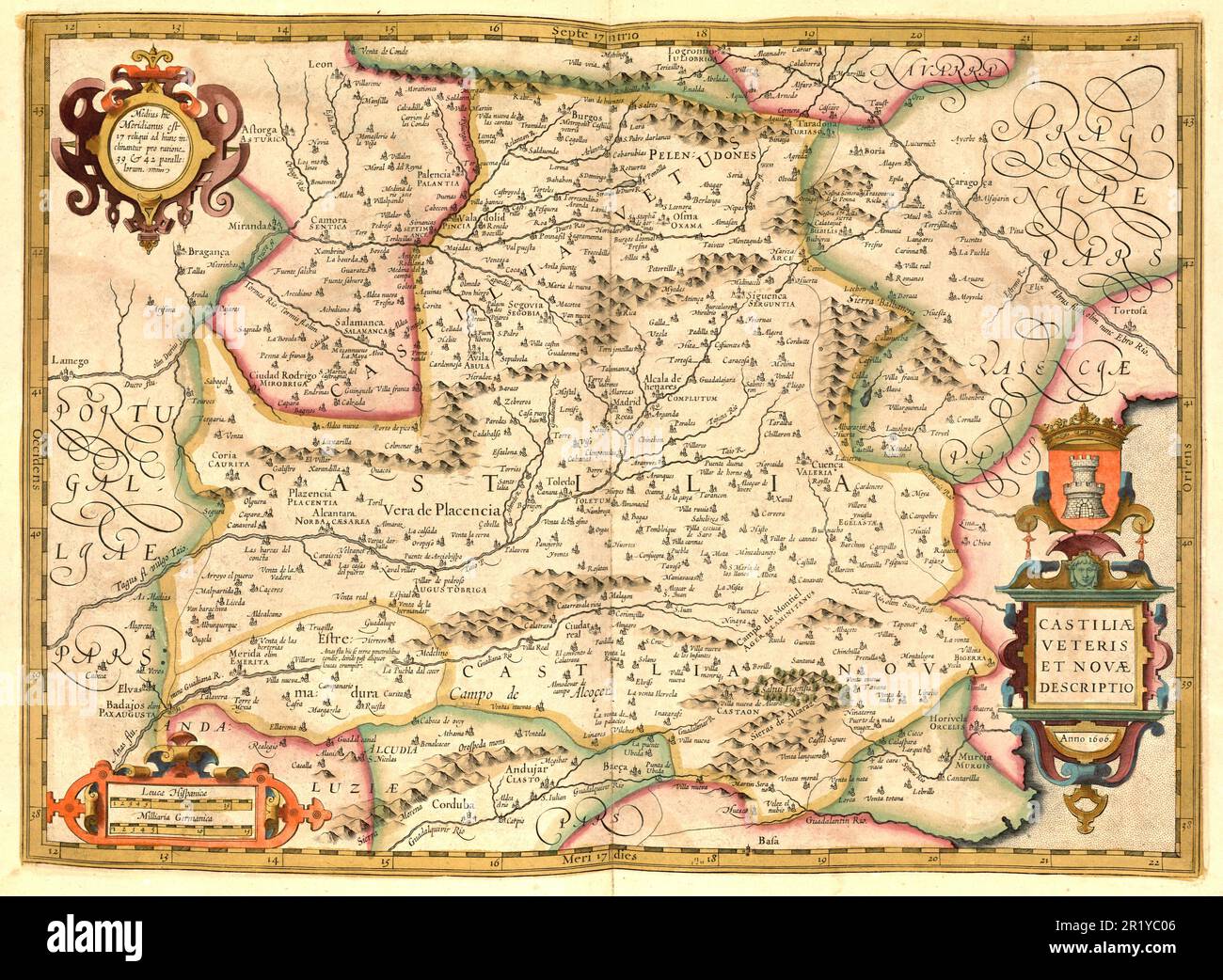 Atlas, carte de 1623, Castille, Espagne, reproduction numériquement restaurée à partir d'une gravure de Gerhard Mercator, né sous le nom de Gheert Cremer, 5 mars 1512 - 2 décembre 1594, géographe et cartographe / Landkarte aus dem Jahre 1623, Kastilien, Espagnol, restaurierte numérique Reproduktion von einem Kupferstich von Gerhard Mercator, geborals en Gheert 5. März 1512 - 2. Dezember 1594, Geograph und Kartograf Banque D'Images