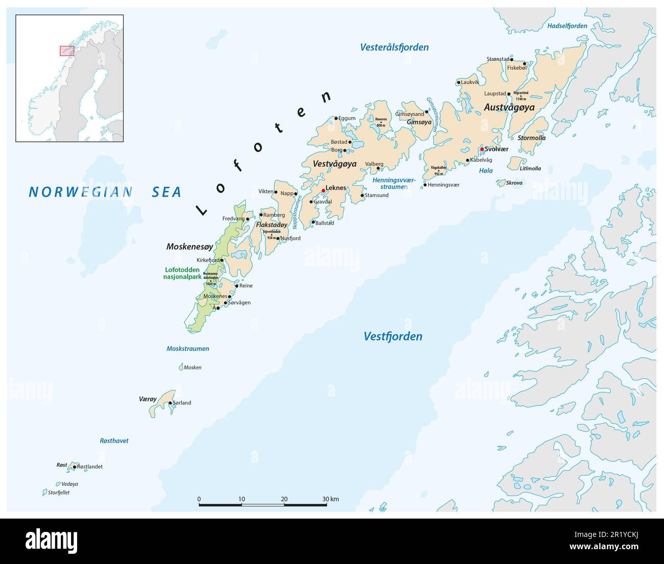 Carte vectorielle de l'archipel norvégien Lofoten Banque D'Images