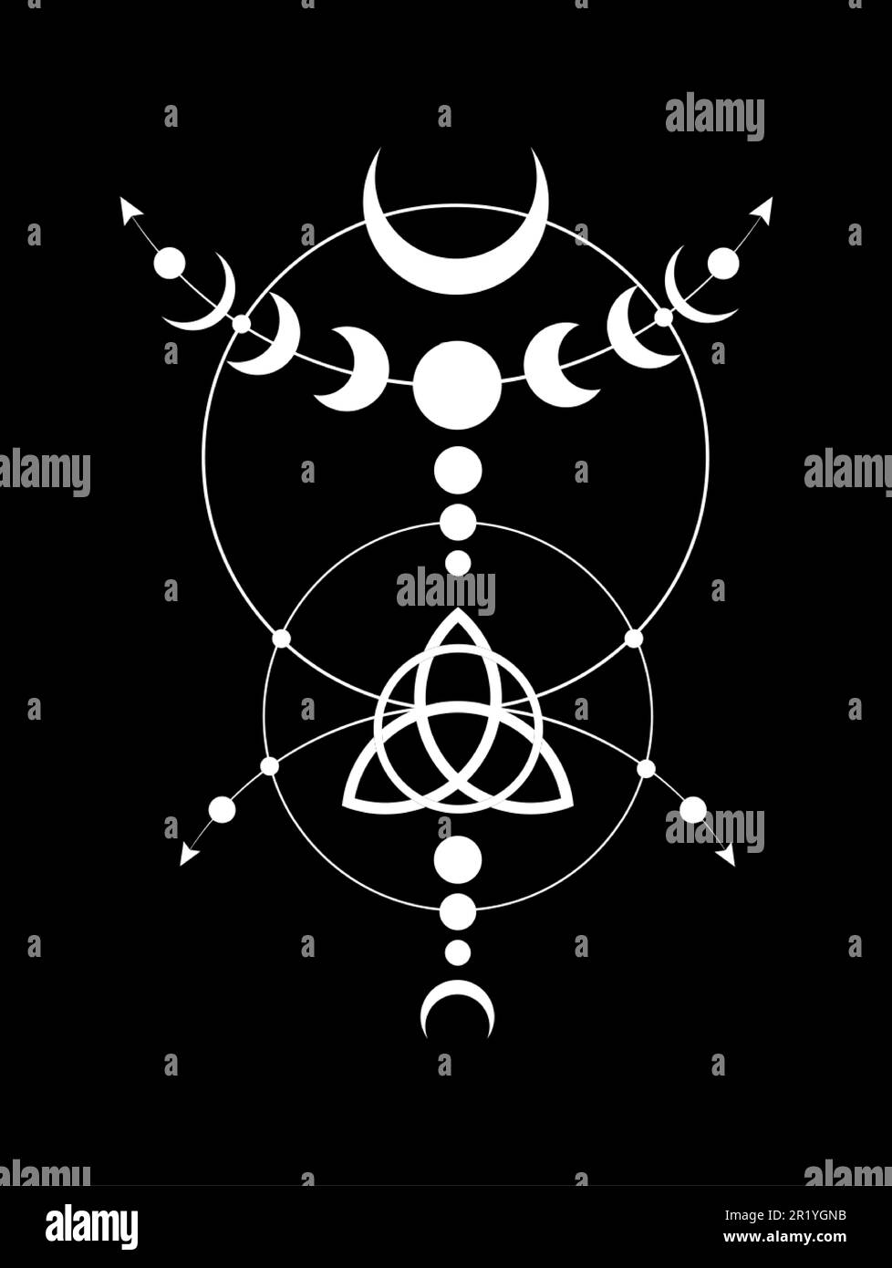 Phases mystiques de la Lune bordure du cadre de Wicca. Triquetra géométrie sacrée. Logo, symbole de la triple déesse Wiccan, cercle d'énergie, vecteur de style boho tattoo blanc Illustration de Vecteur