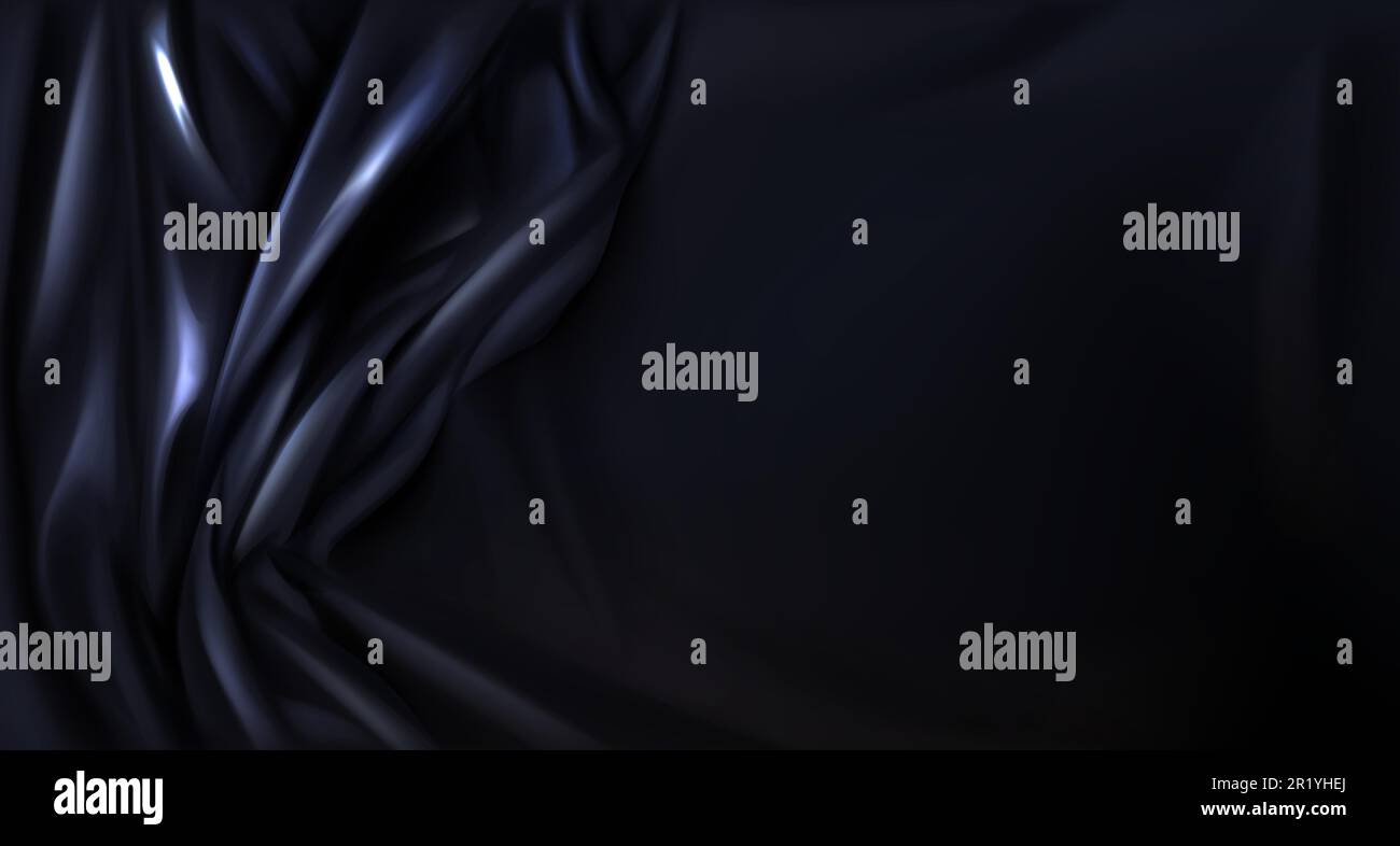 Toile de fond pliée en soie noire ou en latex, décoration textile de luxe pour poster, bannière ou couverture. Toile de fond sombre et brillante avec des vagues satinées douces 3D vecteur réaliste toile de fond Illustration de Vecteur
