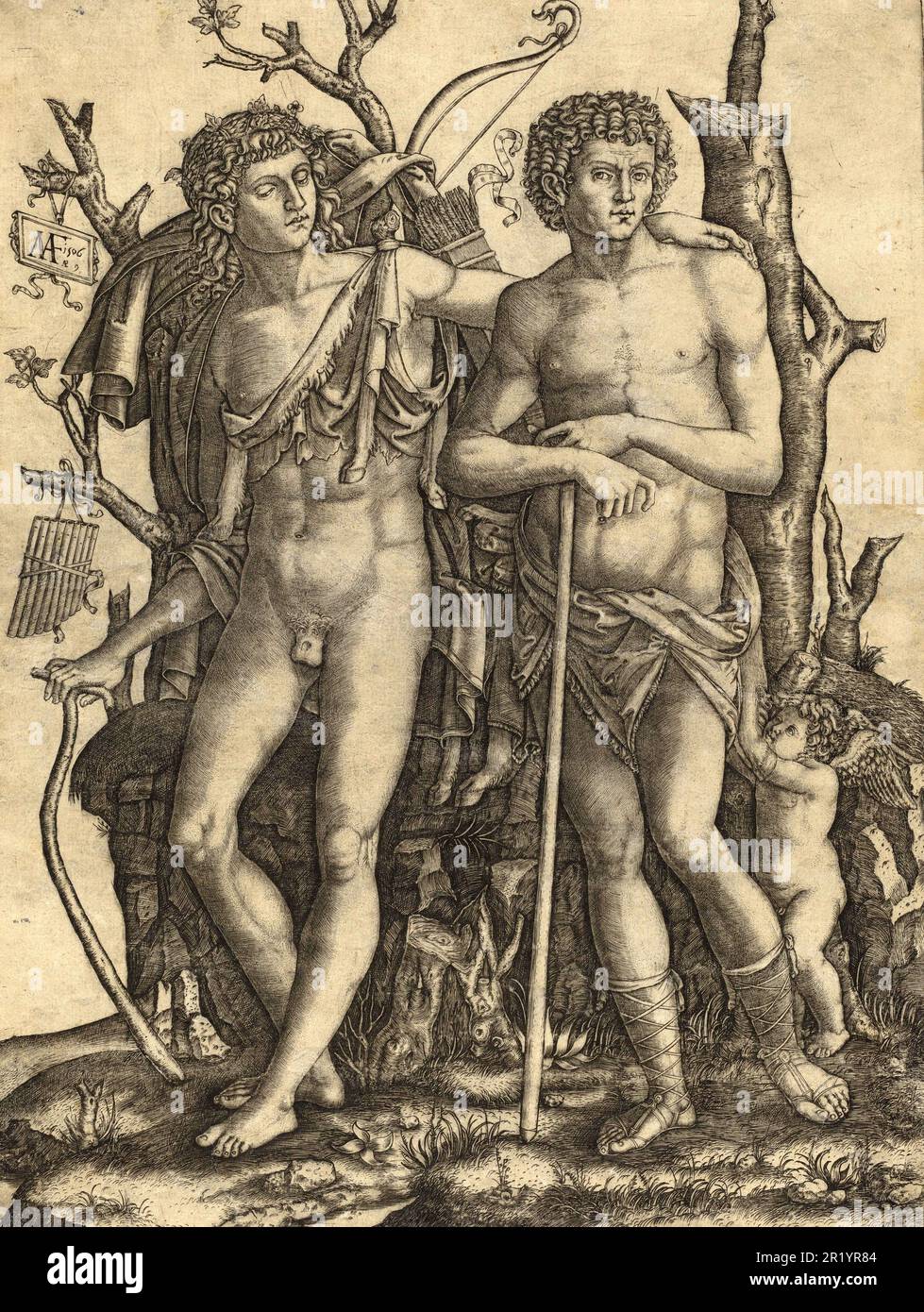 Apollon, dans la mythologie grecque et romaine le dieu de la lumière, du ressort, de la pureté morale et de la modération ainsi que de la divination et des arts, et de la jacinthus, Hyakinthos, dans la mythologie grecque un fils d'Amyklas, historique, restauré numériquement reproduction d'un original historique / Apollon, In der griechischen und römischen Mythologie der Gott des Lichts, des Frühlings, der sittlichen Reinheit und Mäßigung der Weissagung und der Künste, und jacinthus, Hyakinthos, in der griechischen Mythologie Sohn des Amyklas, Vorischen Reiterhof, Reiterhof Banque D'Images