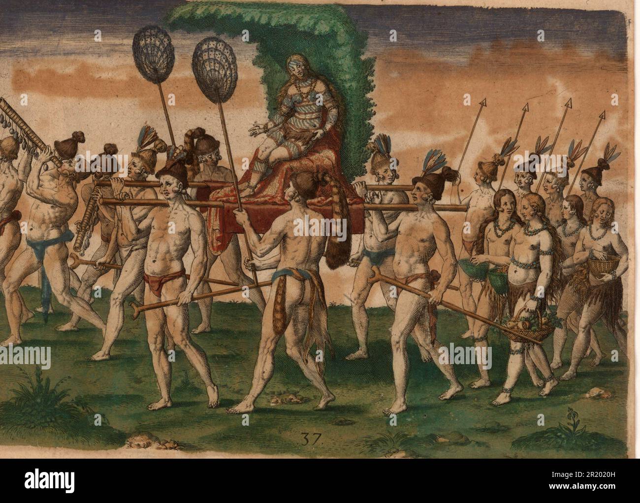 Les natifs américains portent leur future reine sur un palanquin. Devant eux, des hommes jouent des instruments de musique comme une trompette, suivis par des femmes portant des paniers de fruits et des soldats avec des lances. Deux hommes l'admirateurs avec de l'air, et les porteurs tiennent des bâtons fourrés. Contient tatouages, historique, numériquement restauré reproduction d'un original de la période / Amerikanische Ureinwohner tragen ihre zukünftige Königin auf einer Sänfte. VOR ihnen gehen Männer, die Musikinstrumente wie eine Trompete spielen, gefolgt von Frauen, die Körbe mit Früchten tragen, und Soldaten mit Speeren. Zwei Männer fächeln i Banque D'Images Les natifs américains portent leur future reine sur un palanquin. Devant eux, des hommes jouent des instruments de musique comme une trompette, suivis par des femmes portant des paniers de fruits et des soldats avec des lances. Deux hommes l'admirateurs avec de l'air, et les porteurs tiennent des bâtons fourrés. Contient tatouages, historique, numériquement restauré reproduction d'un original de la période / Amerikanische Ureinwohner tragen ihre zukünftige Königin auf einer Sänfte. VOR ihnen gehen Männer, die Musikinstrumente wie eine Trompete spielen, gefolgt von Frauen, die Körbe mit Früchten tragen, und Soldaten mit Speeren. Zwei Männer fächeln i Banque D'Images