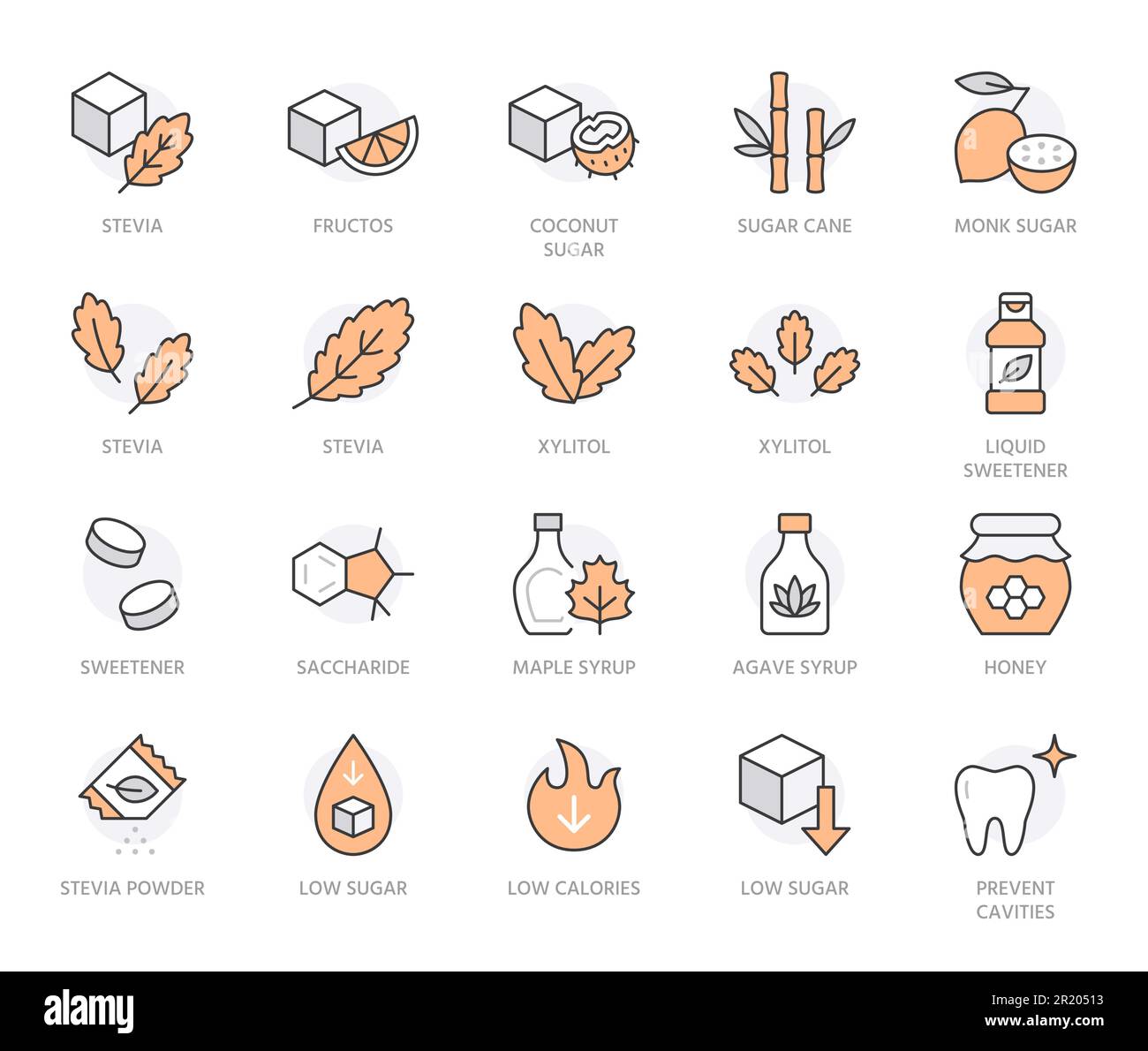 Ensemble d'icônes de ligne d'édulcorants. Xylitol, sucre de canne, fructose, sirop d'érable, stévia, agave, illustration de vecteur minimal de miel. Signe de contour simple pour doux Illustration de Vecteur