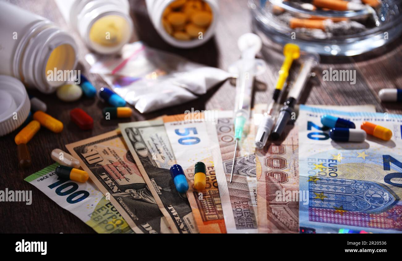 Substances addictives, y compris les cigarettes et les drogues Banque D'Images