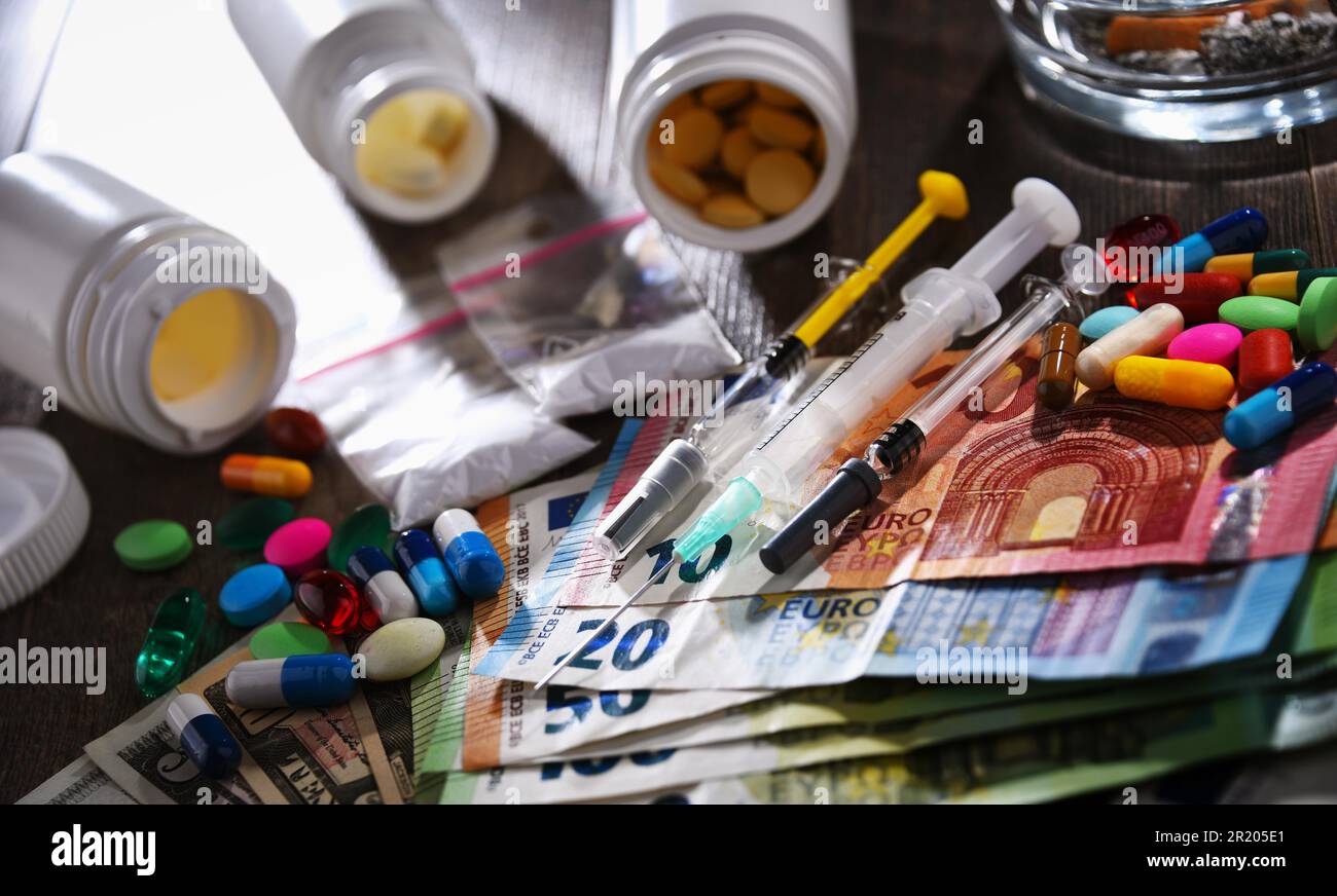 Substances addictives, y compris les cigarettes et les drogues Banque D'Images