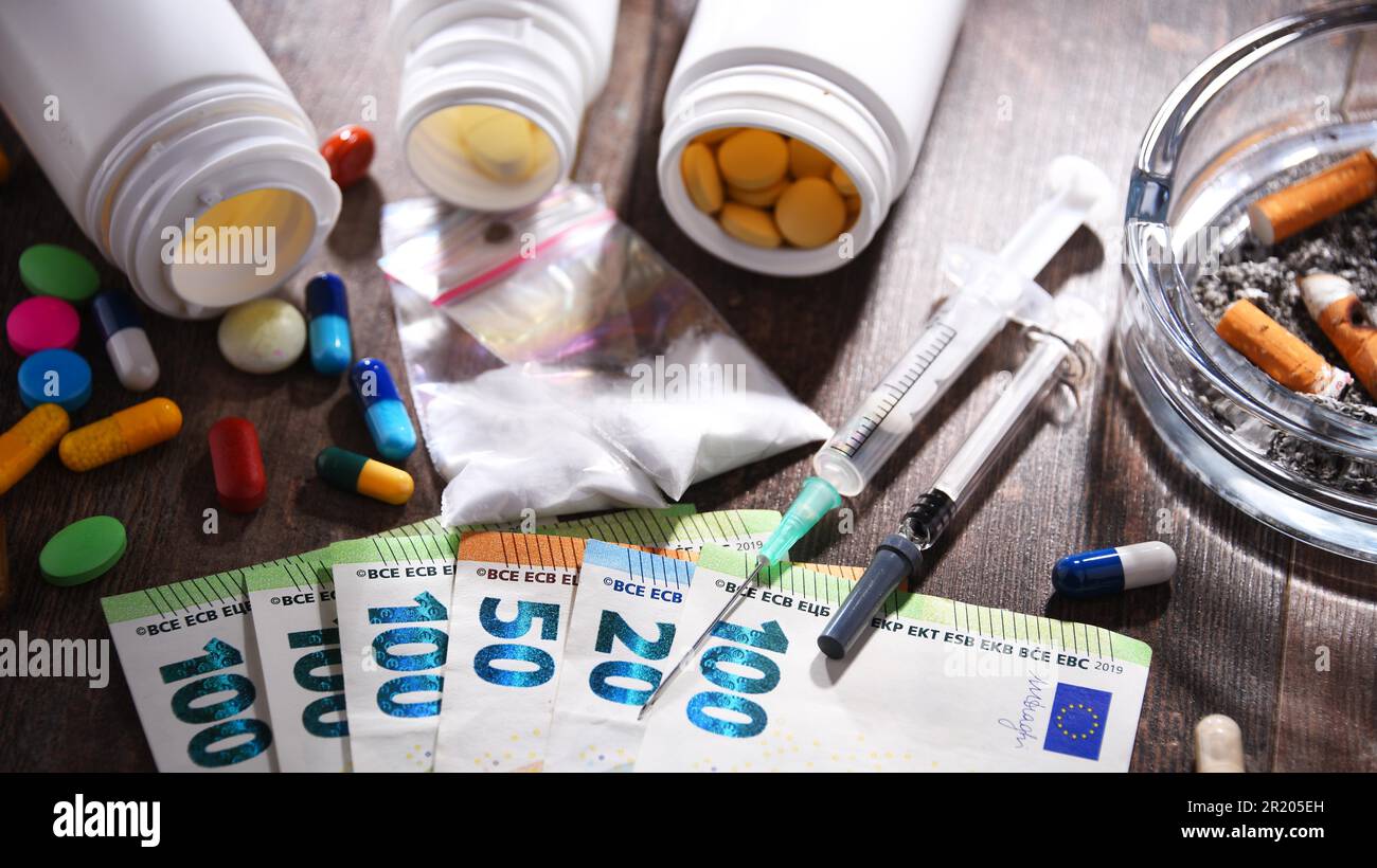 Substances addictives, y compris les cigarettes et les drogues Banque D'Images