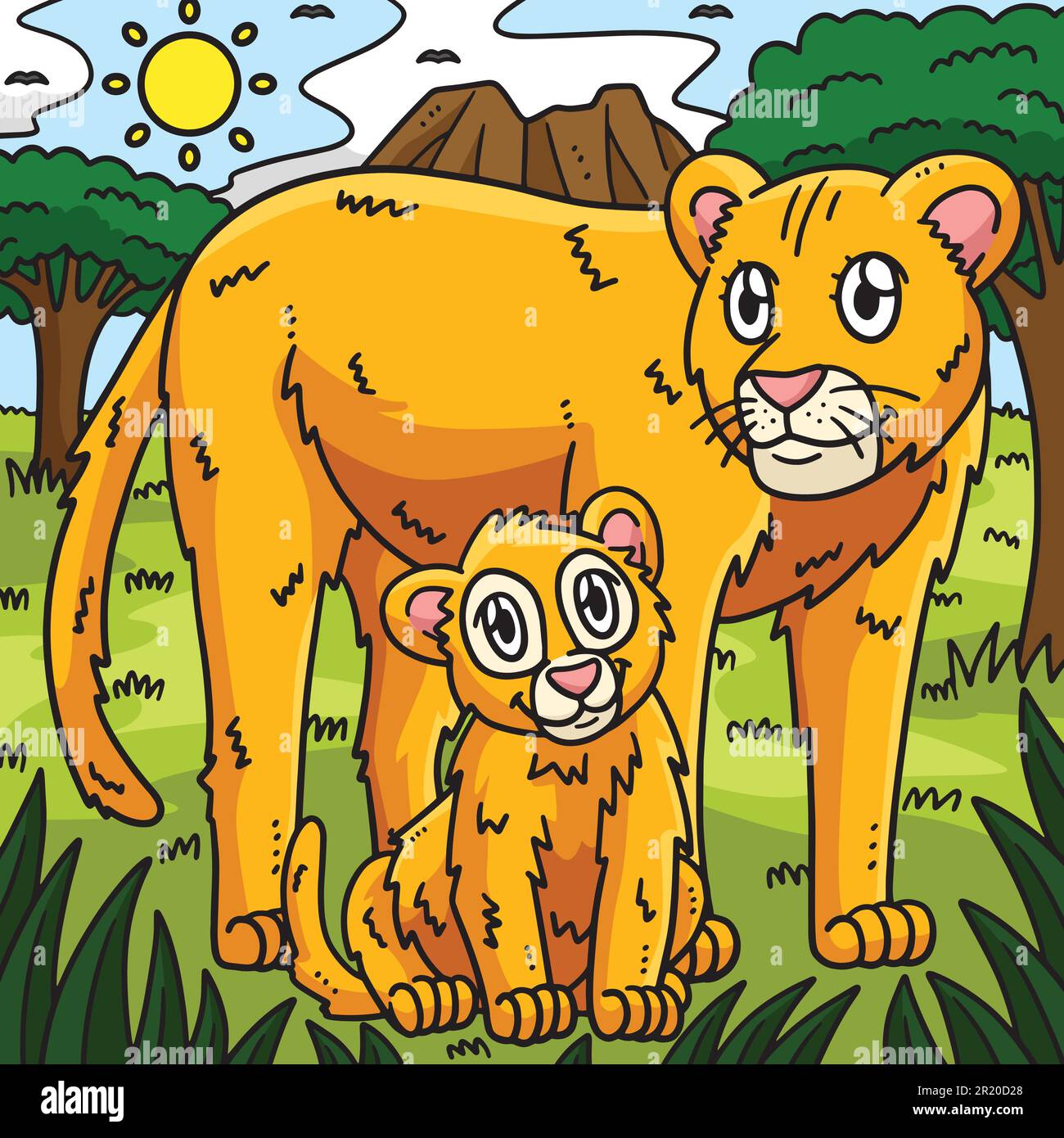 Mother Lion et Baby Lion Cartoon coloré Illustration de Vecteur