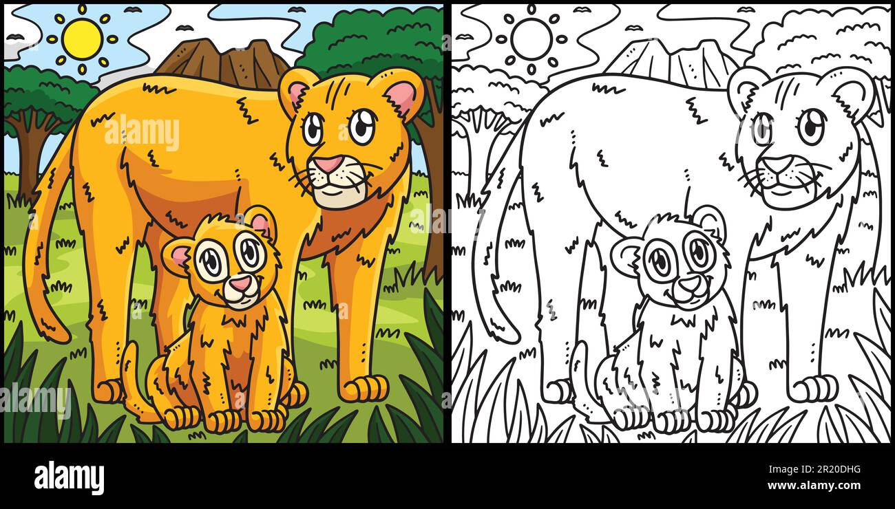 Illustration de la coloration du lion-mère et du lion-bébé Illustration de Vecteur