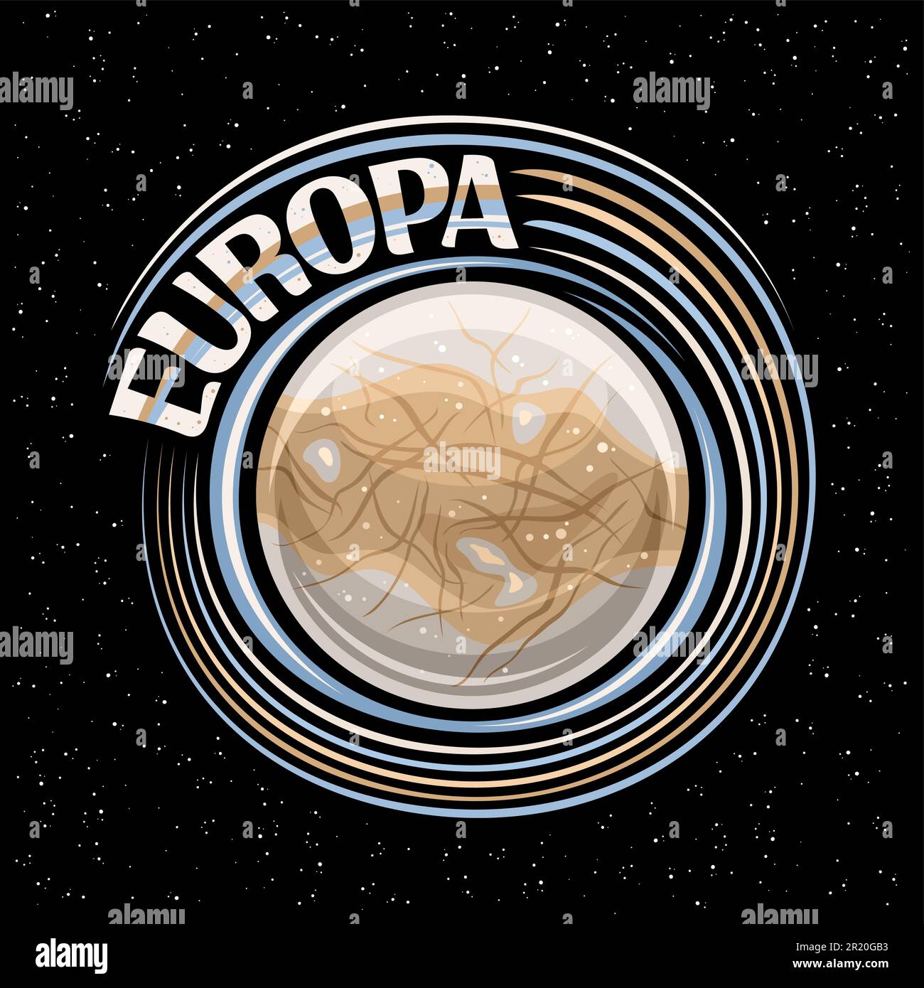 Logo vectoriel pour Europa Moon, impression fantaisie ronde avec satellite rotatif europa, surface en pierre avec roche silicate et fissures, étiquette cosmo avec le unique Illustration de Vecteur