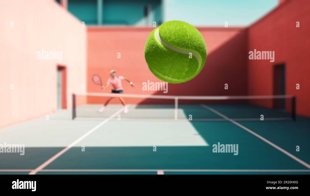 Un joueur de tennis frappe le ballon sur le court de tennis. Jeu de tennis  capture d'écran. Réalisme avec des éléments surréalistes, composition  plate, posture dynamique Photo Stock - Alamy