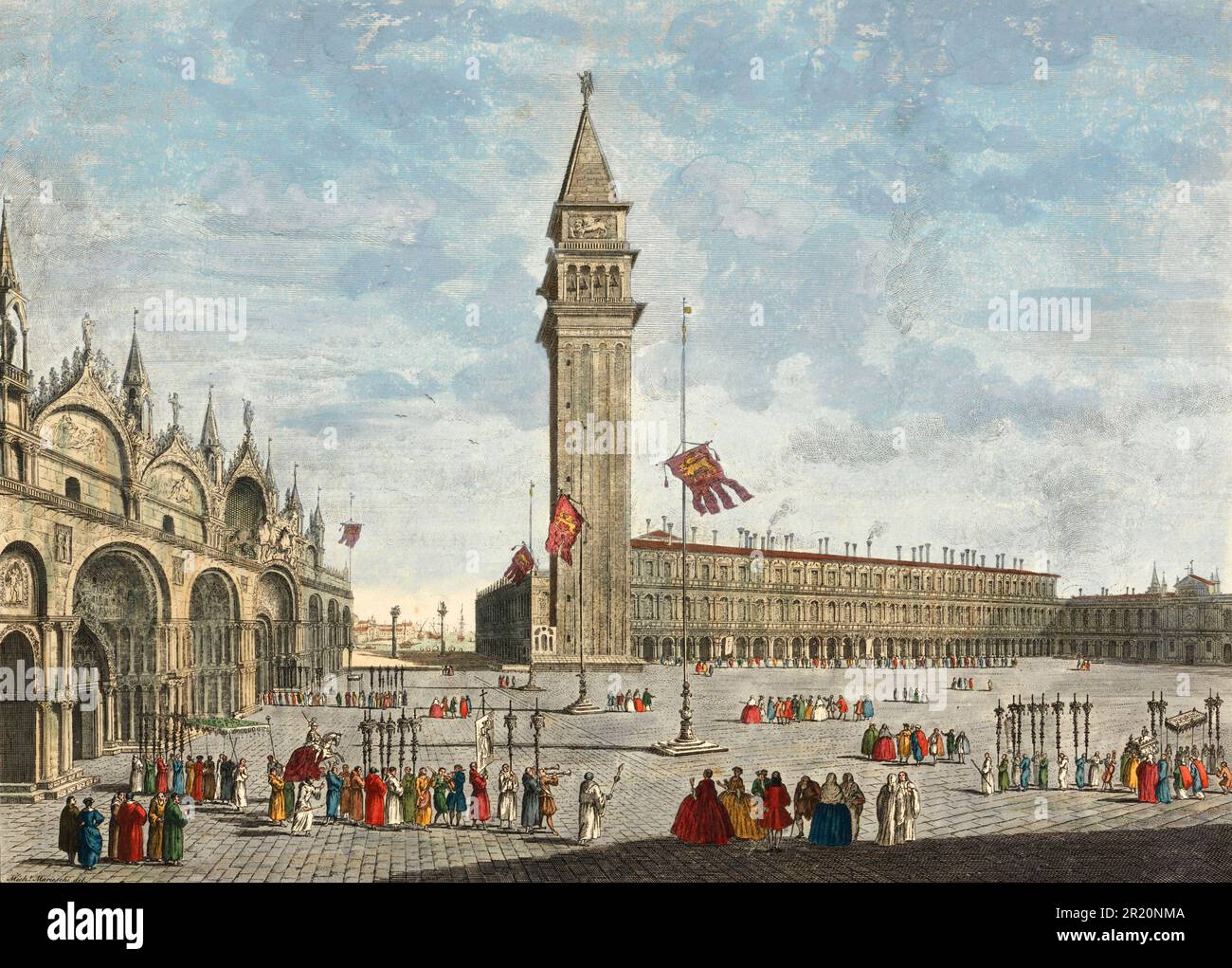 La Grande place ou la place Saint-Marc vu de la Grande horloge. Sur la gauche se trouve le portail de l'église Saint-Marc. Le magnifique bâtiment sur le côté en face sont les appartements des Procurateurs de St Marc, 1790, Italie, par Nathaniel Parr, historique, Reproduction numériquement restaurée d'un original datant du 18th ou 19th siècle / Der Große Platz oder Markusplatz von der Großen Uhr aus gesehen. Auf der linken Seite befindet sich das Portal der Markuskirche. DAS prächtige Gebäude auf der Seite davor sind die Wohnungen der Prokuratoren von St. Mark, 1790, Italien, von Nathaniel Parr, Historisch, numérique r Banque D'Images