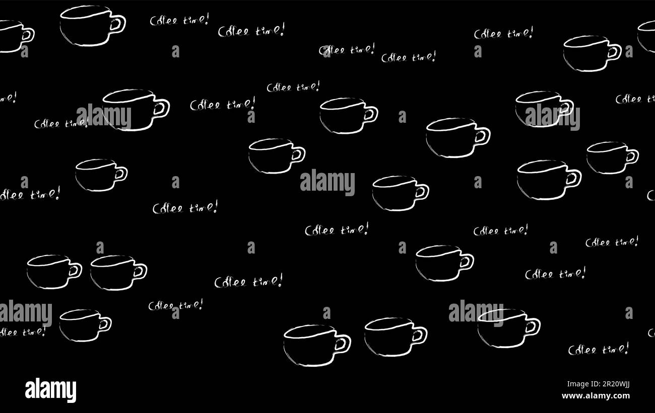 Texture motif sans couture de tasses blanches avec un stylo de café noir dessiné dans des peintures à la craie aquarelle et une inscription de l'heure du café sur une bande noire Illustration de Vecteur