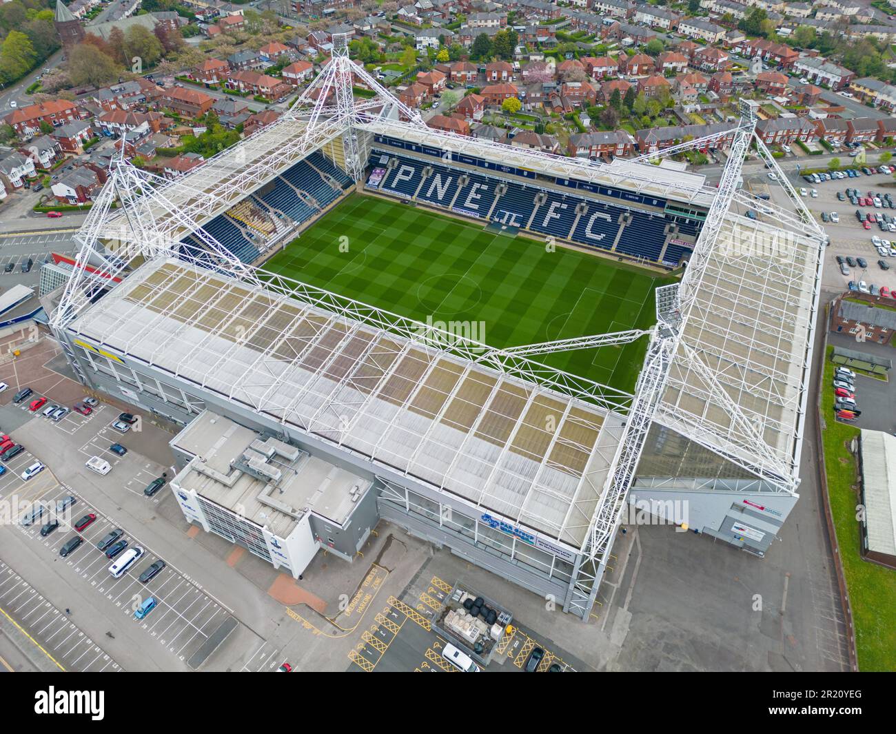 Preston, Lancashire, Royaume-Uni. Image aérienne du stade Deepdale. Club de football Preston North End. 2nd mai 2023. Banque D'Images