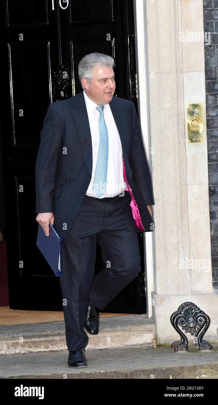 Photographie de Brandon Lewis, ministre d'État à la sécurité et adjoint à la sortie de l'UE et à la préparation de l'accord, laissant le numéro 10 Downing Street, Londres, à la suite d'une réunion du cabinet. Banque D'Images