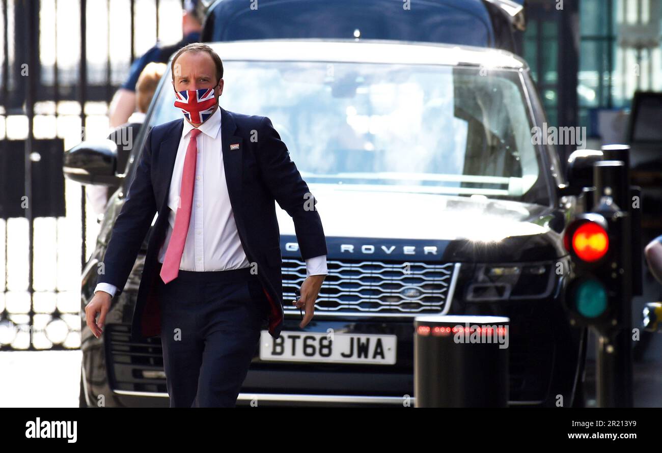 Matt Hancock, secrétaire à la Santé, arrive à Downing Street au milieu de la pandémie du coronavirus COVID-19, deux jours avant que l'histoire ne se soit rompue, car il avait enfreint les règles de la COVID et qu'il avait eu une liaison avec son aide Gina Coladengelo. Juin 2021. Banque D'Images